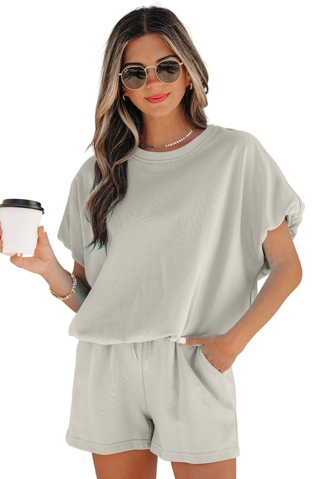 Solid Puff Sleeve Top & Drawstring Shorts Set