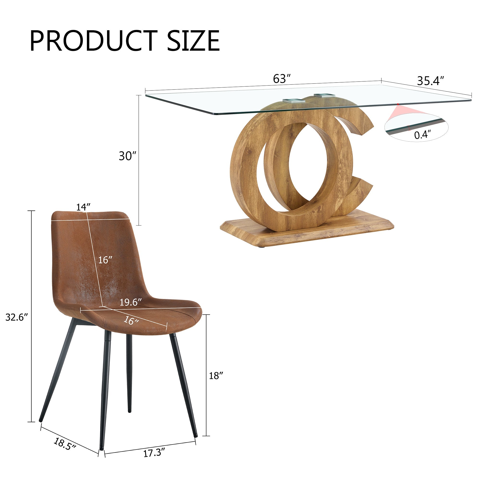 1 table and 4 chairs set.63'x35.4x30' Rectangular Transprant Tempered glass Dining Tabletop with Wood color MDF OC shaped bracket.Paired with 4 brown technology fabric dining chairs.W1151S02014