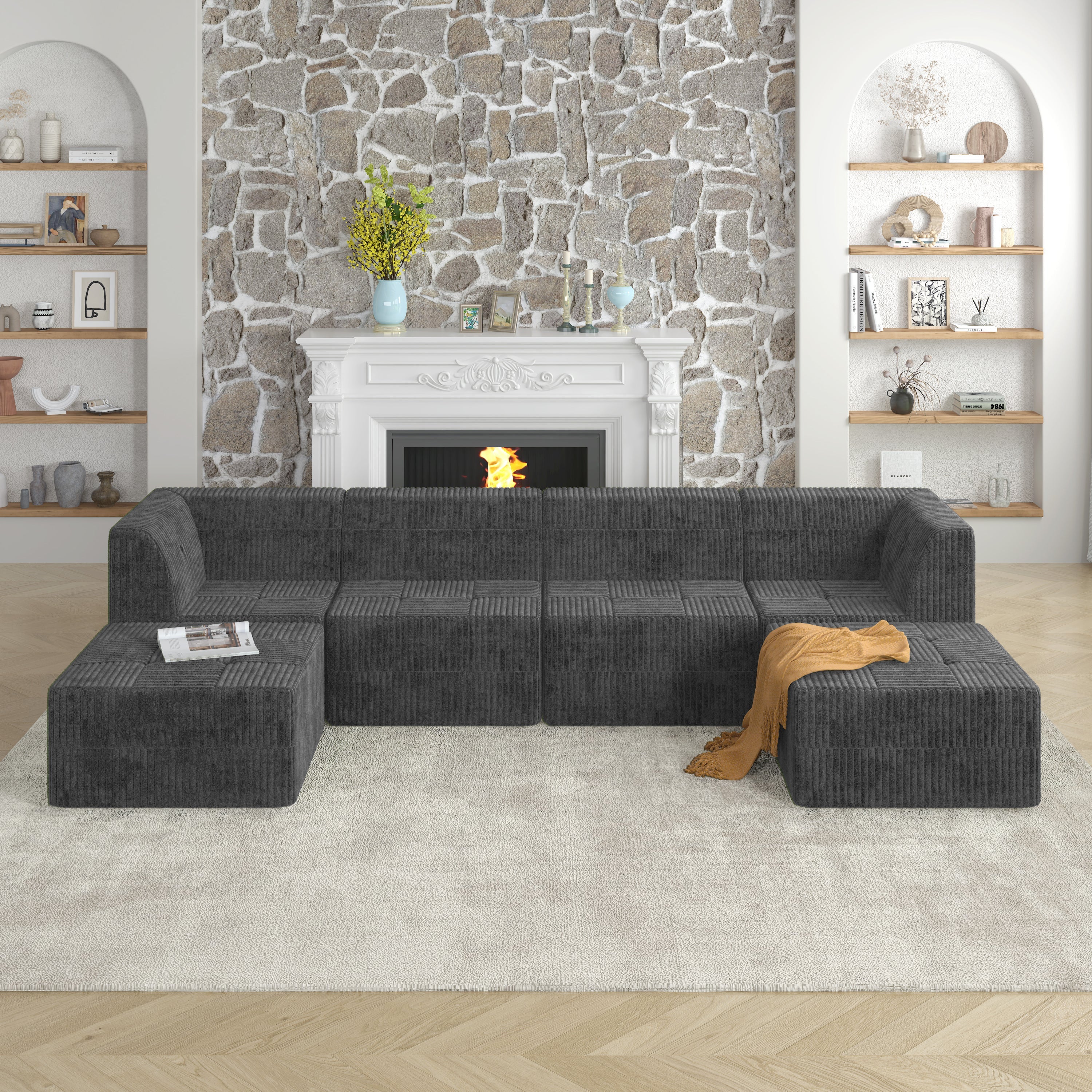 U shape Modular Sectional Sofa, Compressed Sectional Sofa Modern Minimalist Style Corduroy Couch, Sleeper Sofa for Living Room, Bedroom, Comfy Compressed Sofa Couch Space-Efficient Design-GREY