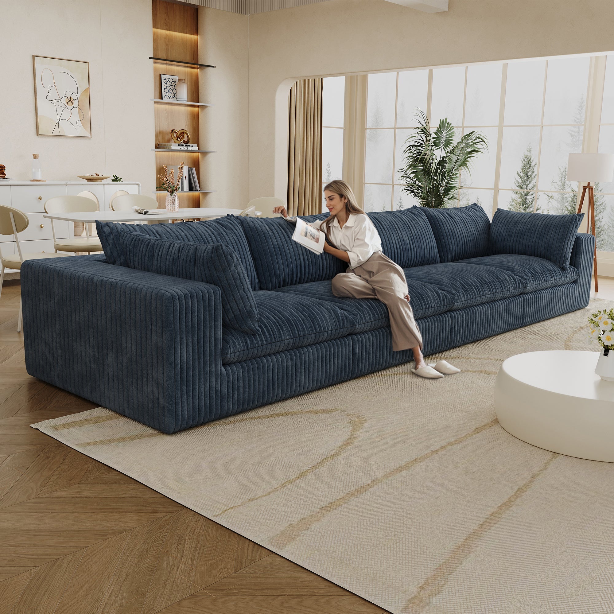 157.6'Cloud Sofa,Corduroy Fabric,Deep Seat Couches,Double-layer design,Removable  Cushion,No Assembly,DIY Combination for Living room, Bedroom,Conference room ,Apartment,Blue