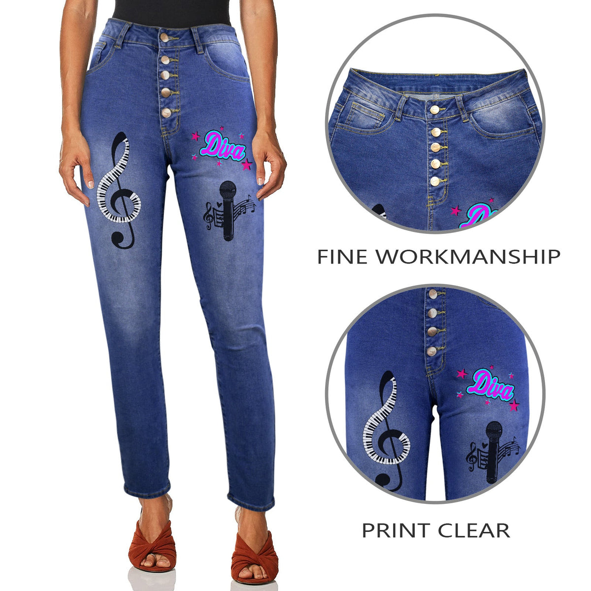 Women's Musical Diva Decorated Jeans with Front Printing