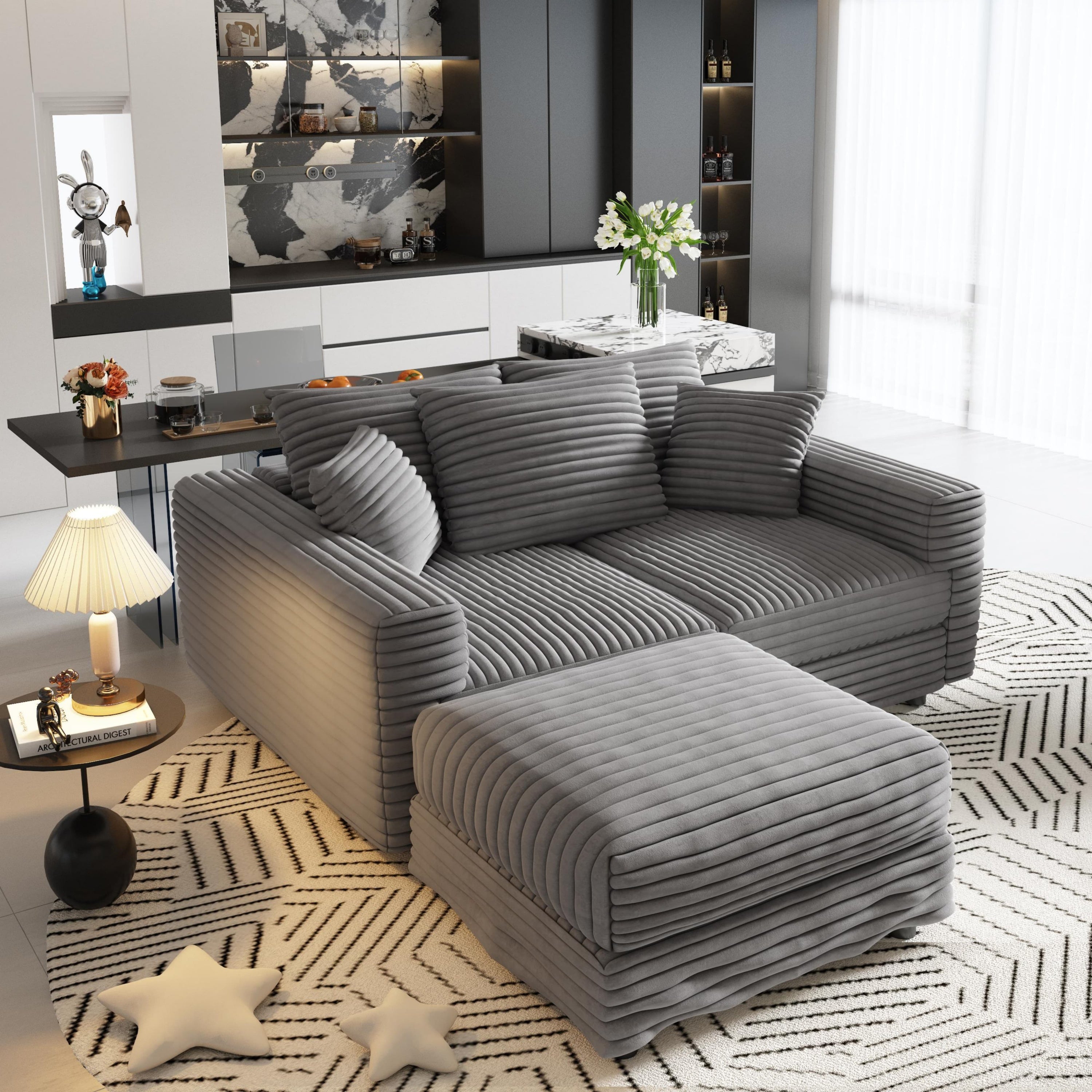 82.7 ' Plush Corduroy 3-Seat Sofa, Modern Comfy Upholstered Sofa Cloud Couch, Deep Seat Couches with Soft Pillows and 1 Ottomans, Convertible Sofa Lounge Chair, for Living Room,Apartment,Office,Grey
