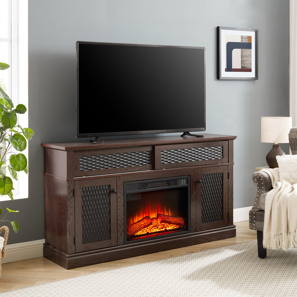 Embossed Pattern TV Stand with 23' fireplace insert,, TV and Media Console with Open and Closed Storage Space and sliding door for Living Room & Bedroom, Dark Cherry, 58.27'W*15.35'W*31.7H