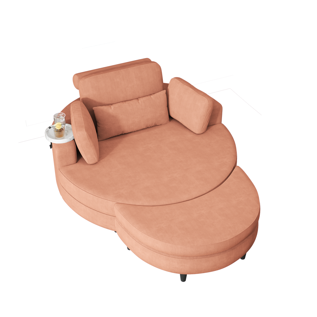 A 51-inch orange corduroy sofa with two throw pillows, a waist pillow and an extra tray is comfortable for a small apartment bedroom