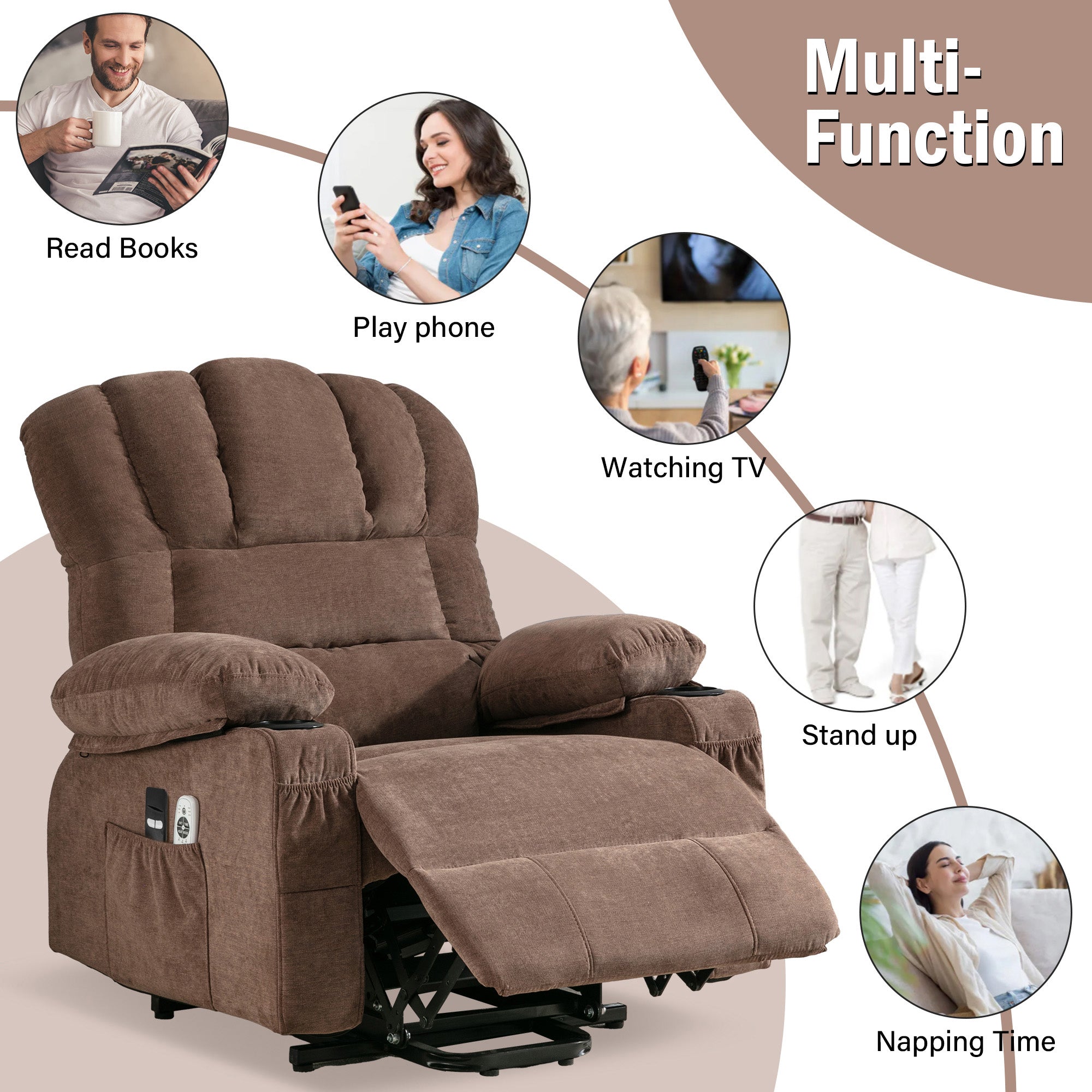 Power Electric massage lift lounge chair, suitable for the elderly, with heating and vibration functions, with USB, can be used for lying down. BROWN