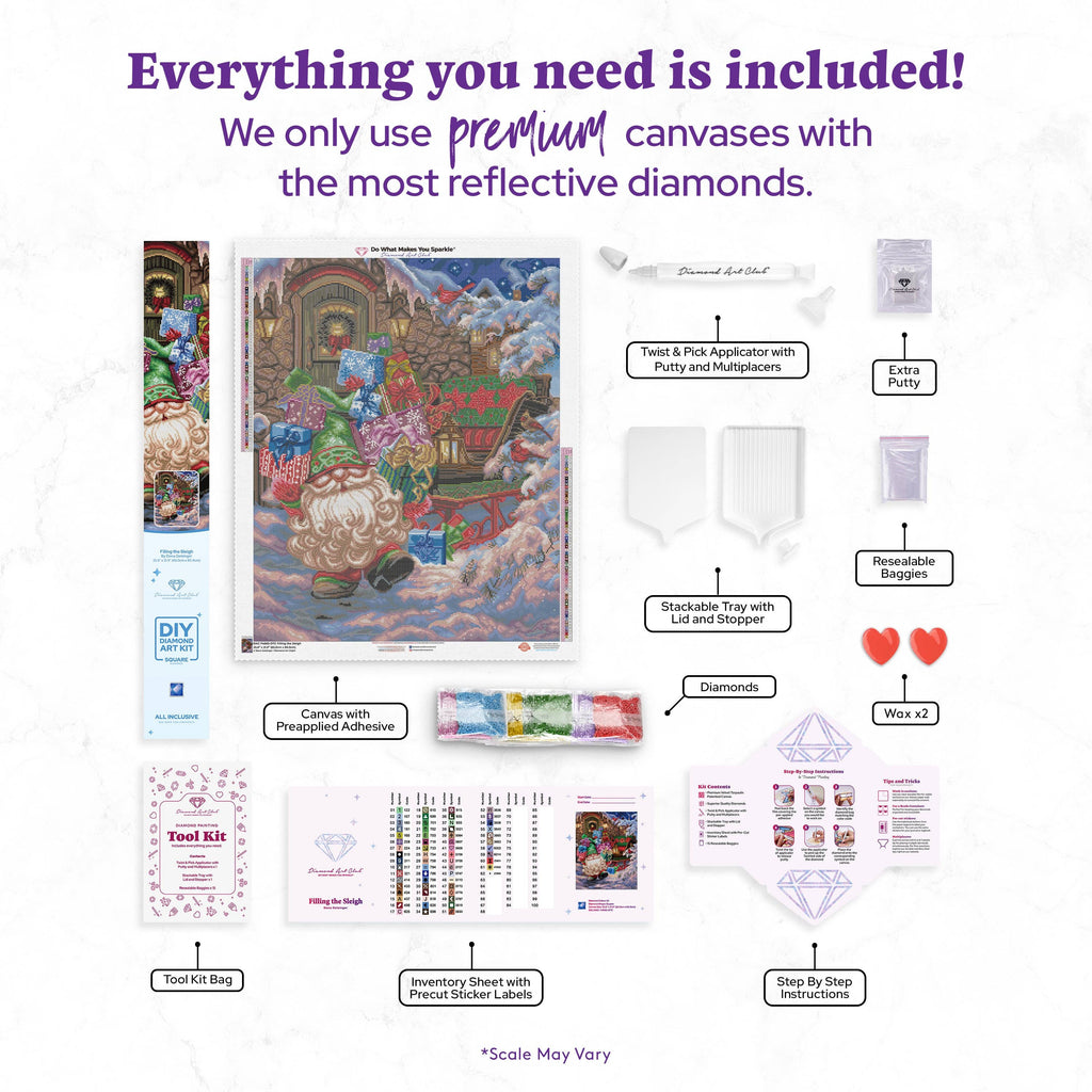 Diamond Art Club – Filling the Sleigh Christmas Elf Diamond Painting (Square Drill, 25.6" x 31.9")