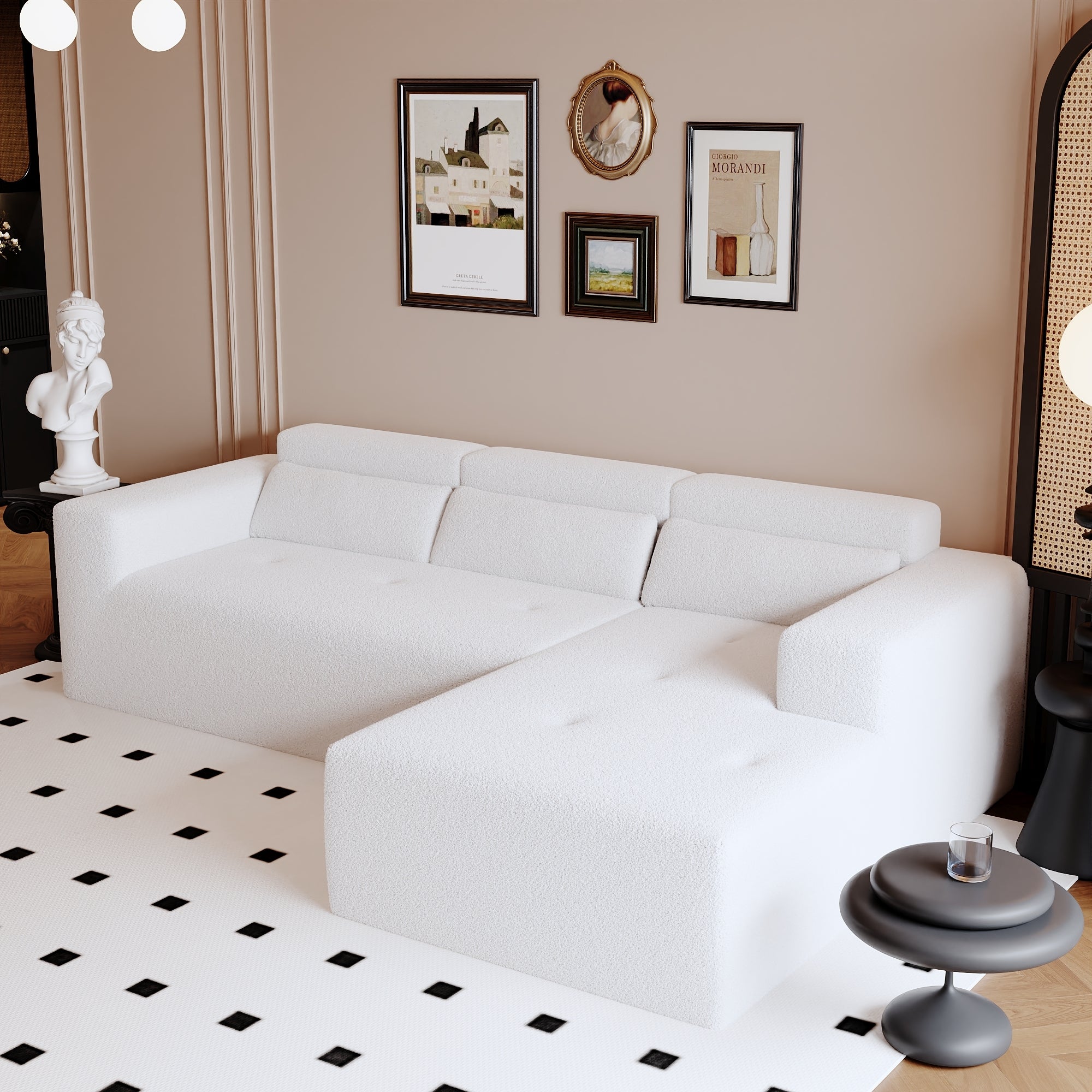 109'' Modern Modular Sectional Sofa,  Teddy Fabric L Shaped Couch, 3 Seat Corner Sofa Couch, Modern Upholstered Couch with Chaise & Pillows for Living Room Apartment, No Assembly Required