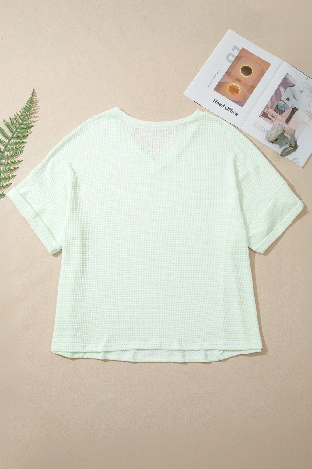 Plus Size Solid Waffle Knit V-Neck Short Sleeve Top