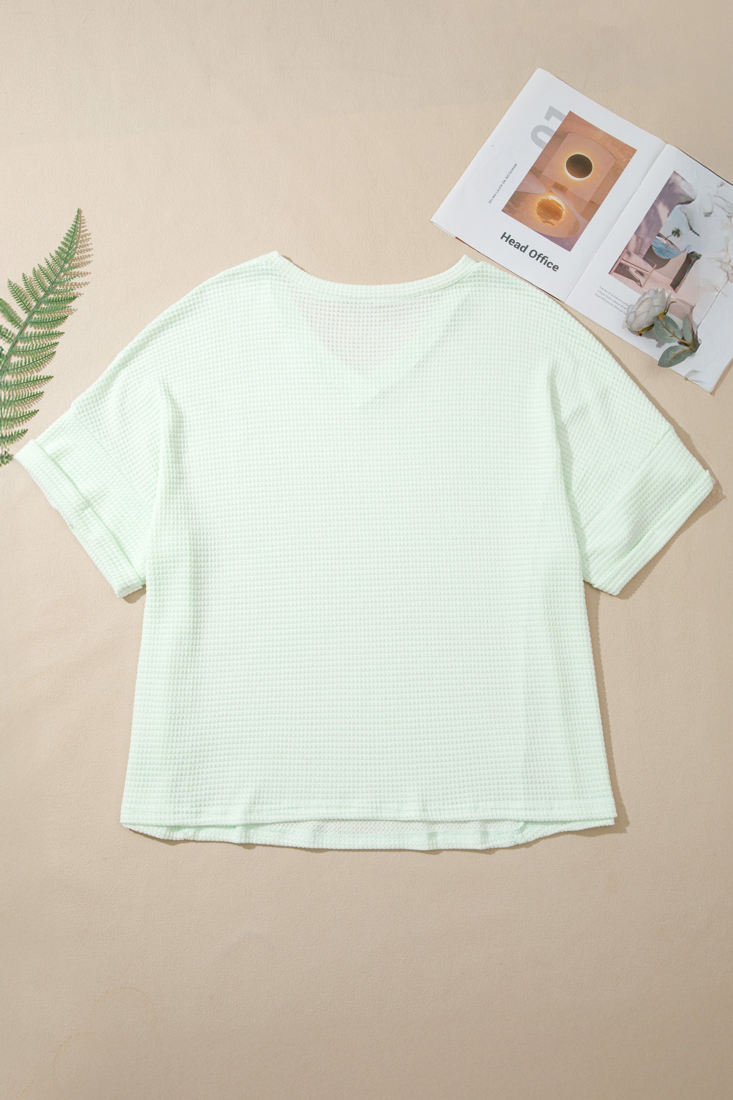 Plus Size Solid Waffle Knit V-Neck Short Sleeve Top