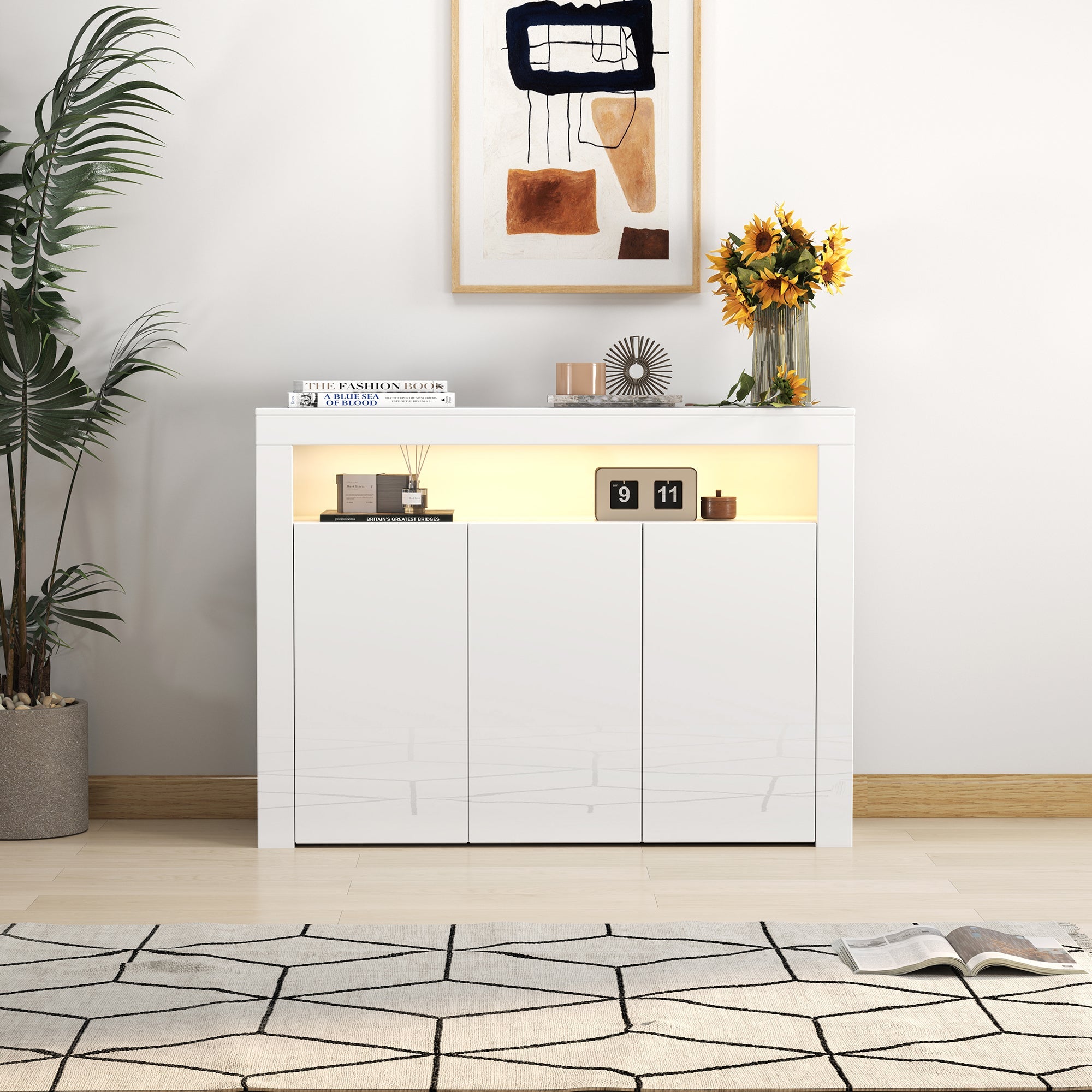 Living Room Sideboard Storage Cabinet Black High Gloss with LED Light, Modern Kitchen Unit Cupboard Buffet Wooden Storage Display Cabinet TV Stand with 3 Doors for Hallway Dining Room