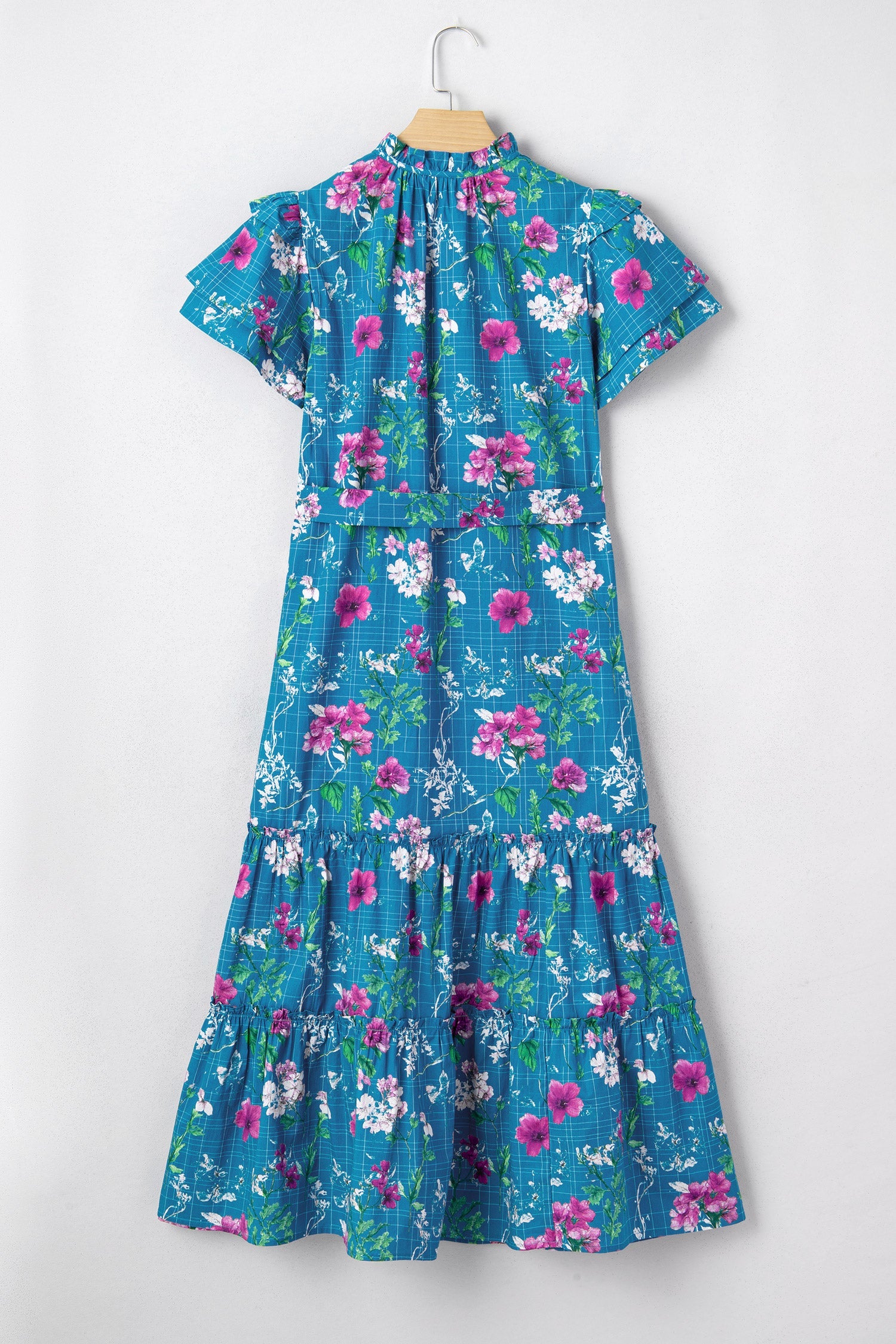 Floral Flutter Sleeve Tie Neck Belted Midi Dress