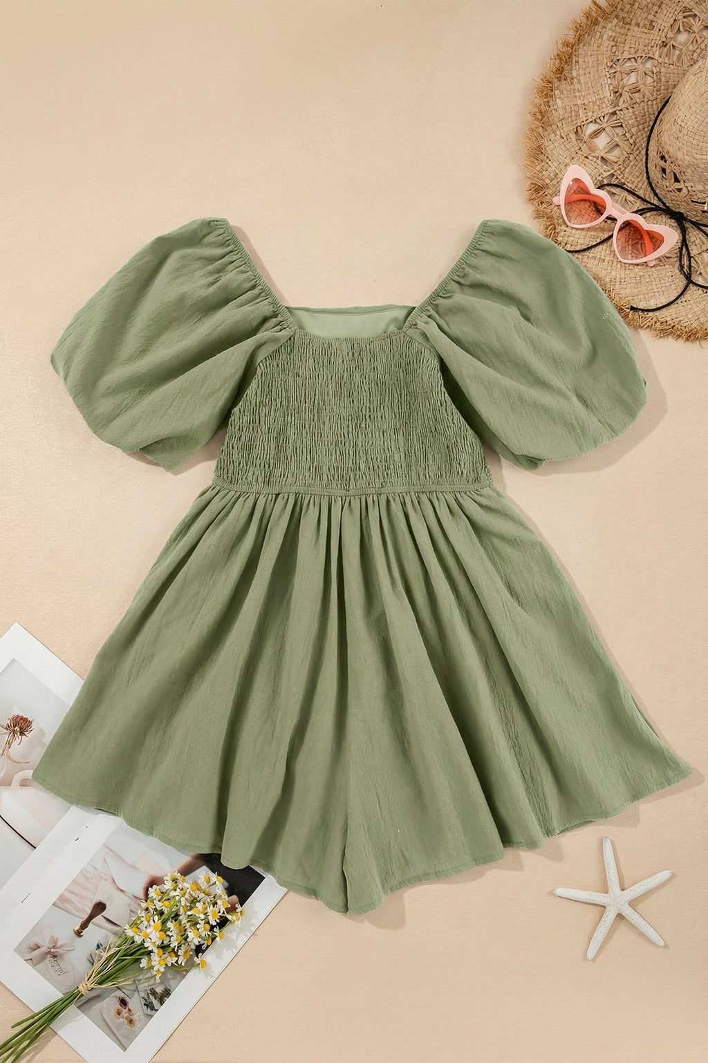 Solid Square Neck Ruched Puff Sleeve Romper