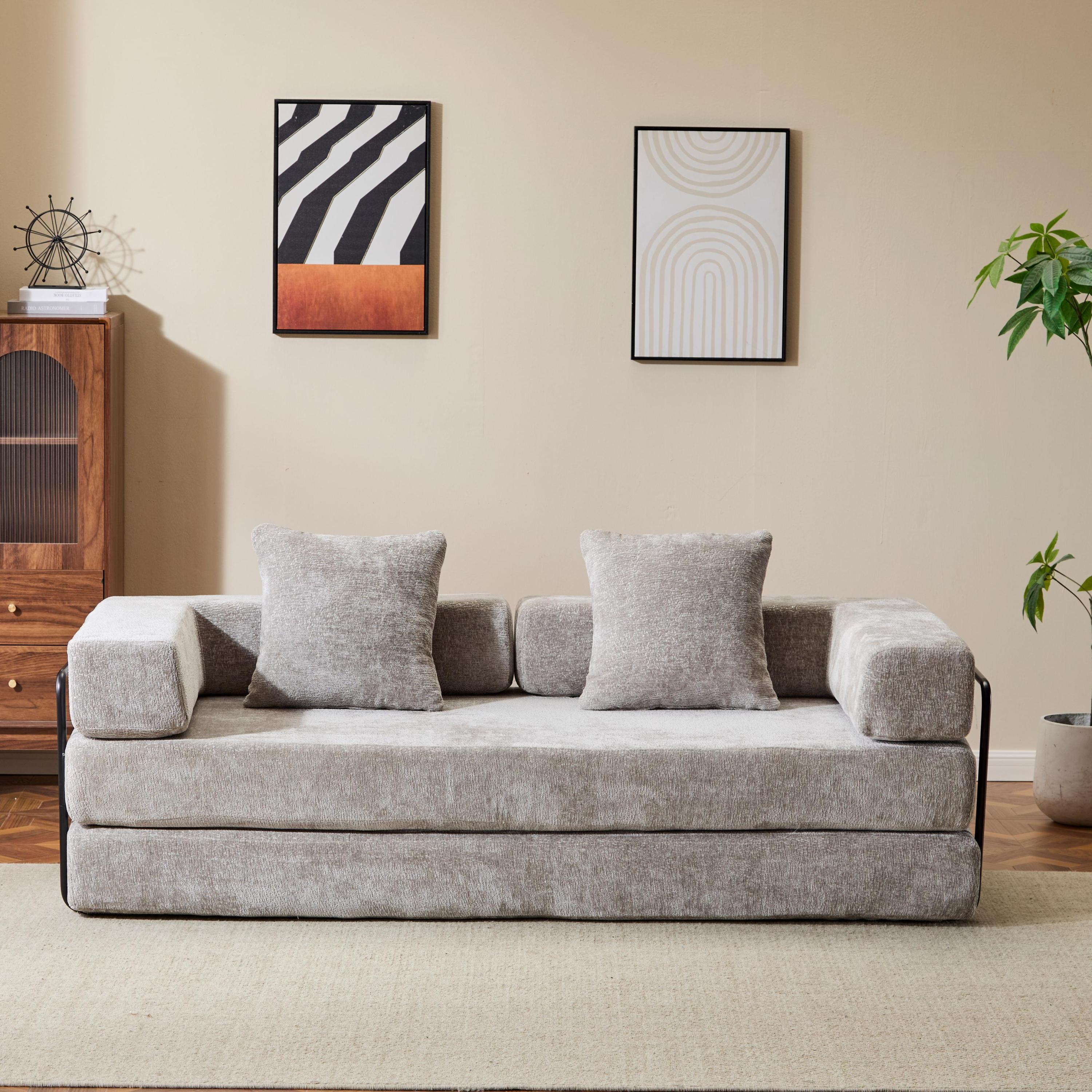 Floor Couch,Compression Sofa,Convertible Floor Sofa Bed-with Pillow Back Support Armrest,Comfy Futon Couch Lounge Sleeper Bed,Chenille fabric,for Living Room Bedroom (LIGHT-GREY)