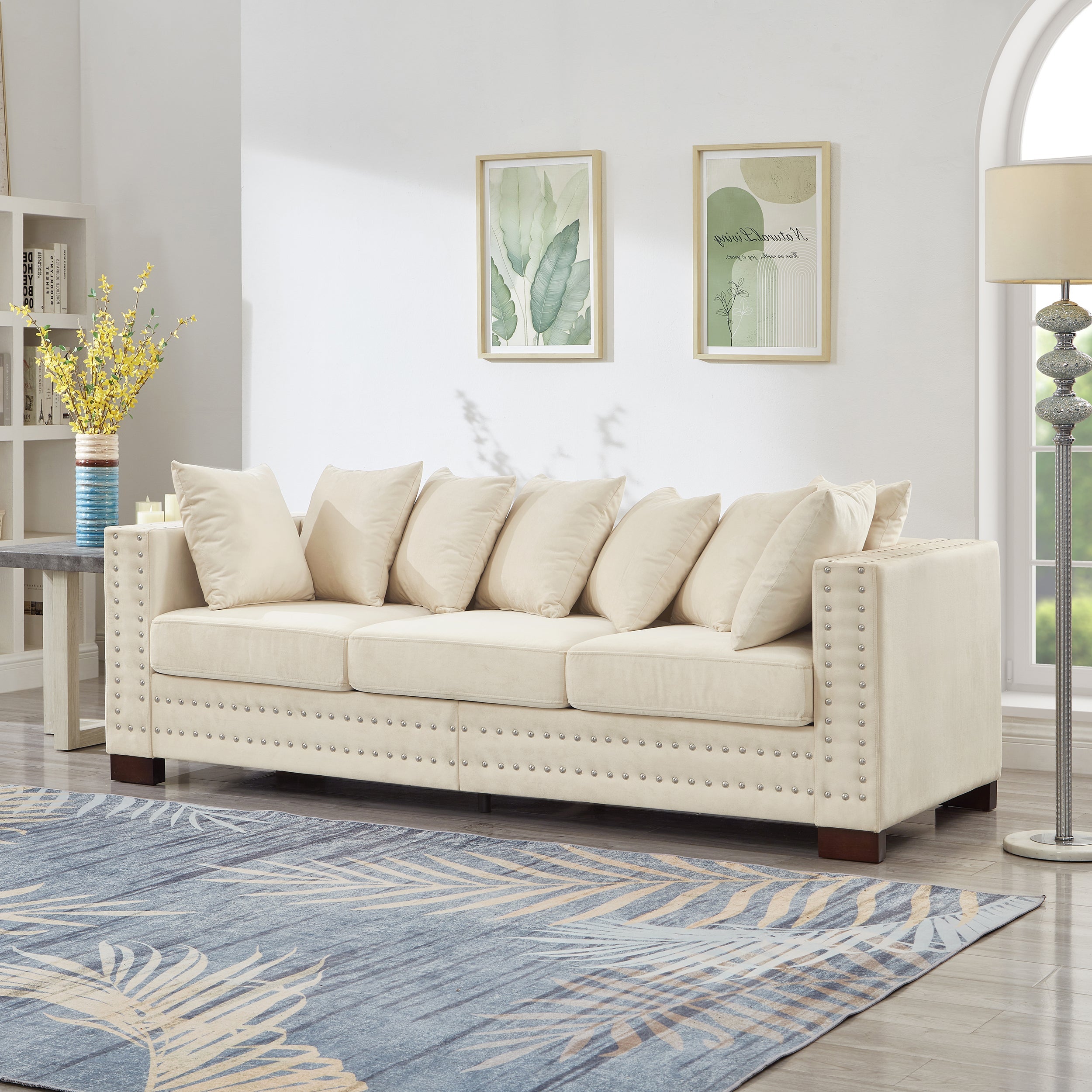 Modern Design Living Room Sofa Square armrest with Silver Nails Decoration Upholstered Velvet Couch Apricot
