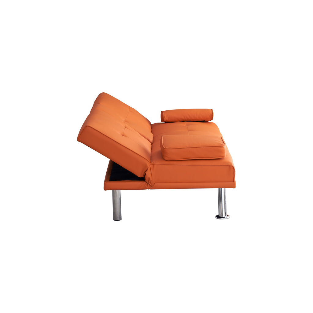 67' Orange Leather Office Sofa Bed, Double Fold, with Coffee Table, Multifunctional