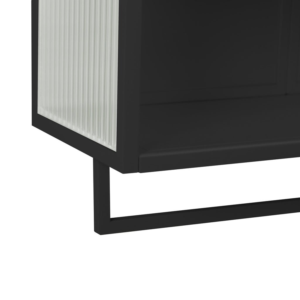 23.62'Glass Doors Modern Two-door Wall Cabinet with Featuring Two-tier Enclosed Storage, an Open Shelf, and Towel Rack, for Entryway Living Room Bathroom Dining Room,Black