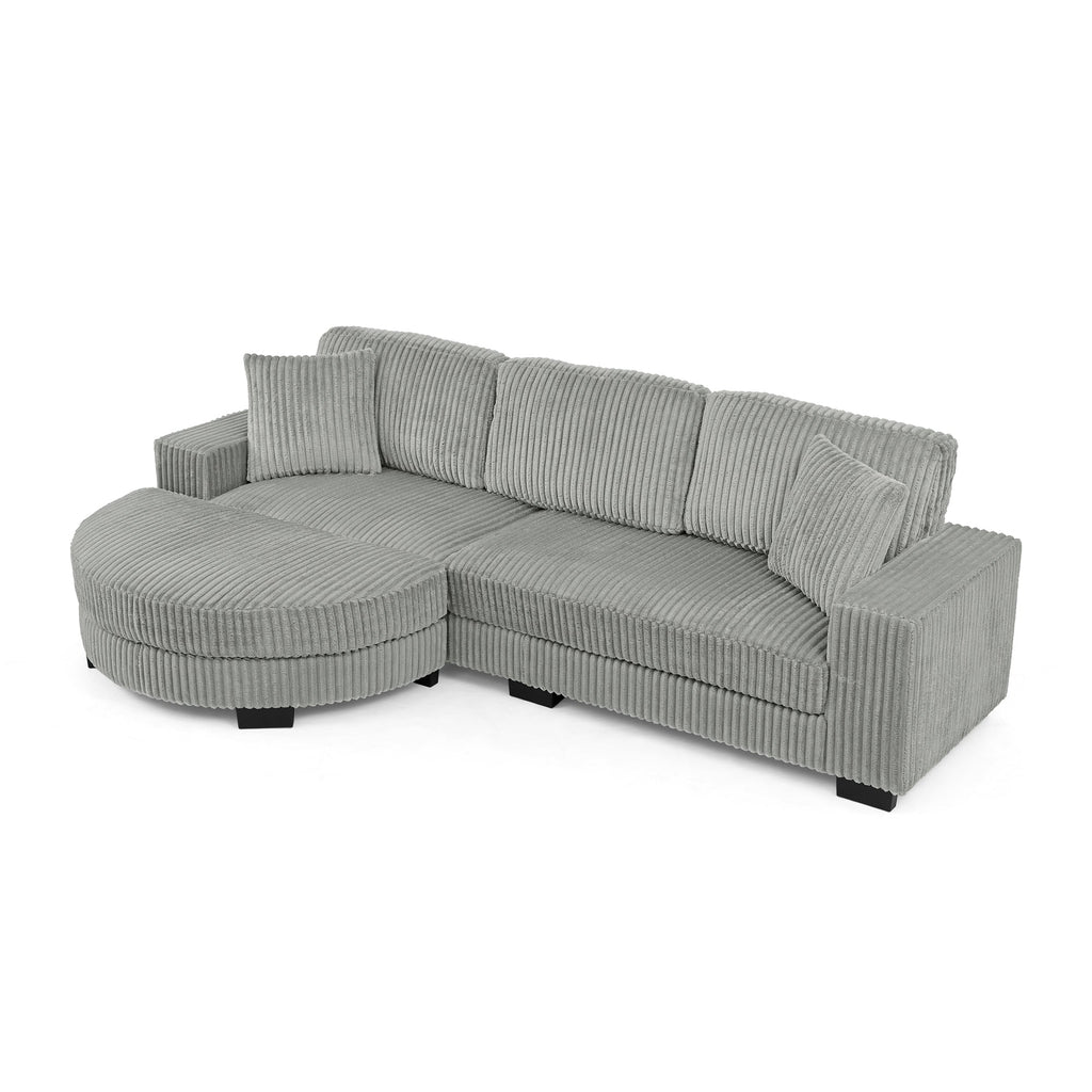 Corduroy Tufted Upholstered Sleeper Sectional Sofa, L-Shaped Modular Convertible Sofa , The arc-shaped footstool can be placed freely on the left and right-Gray