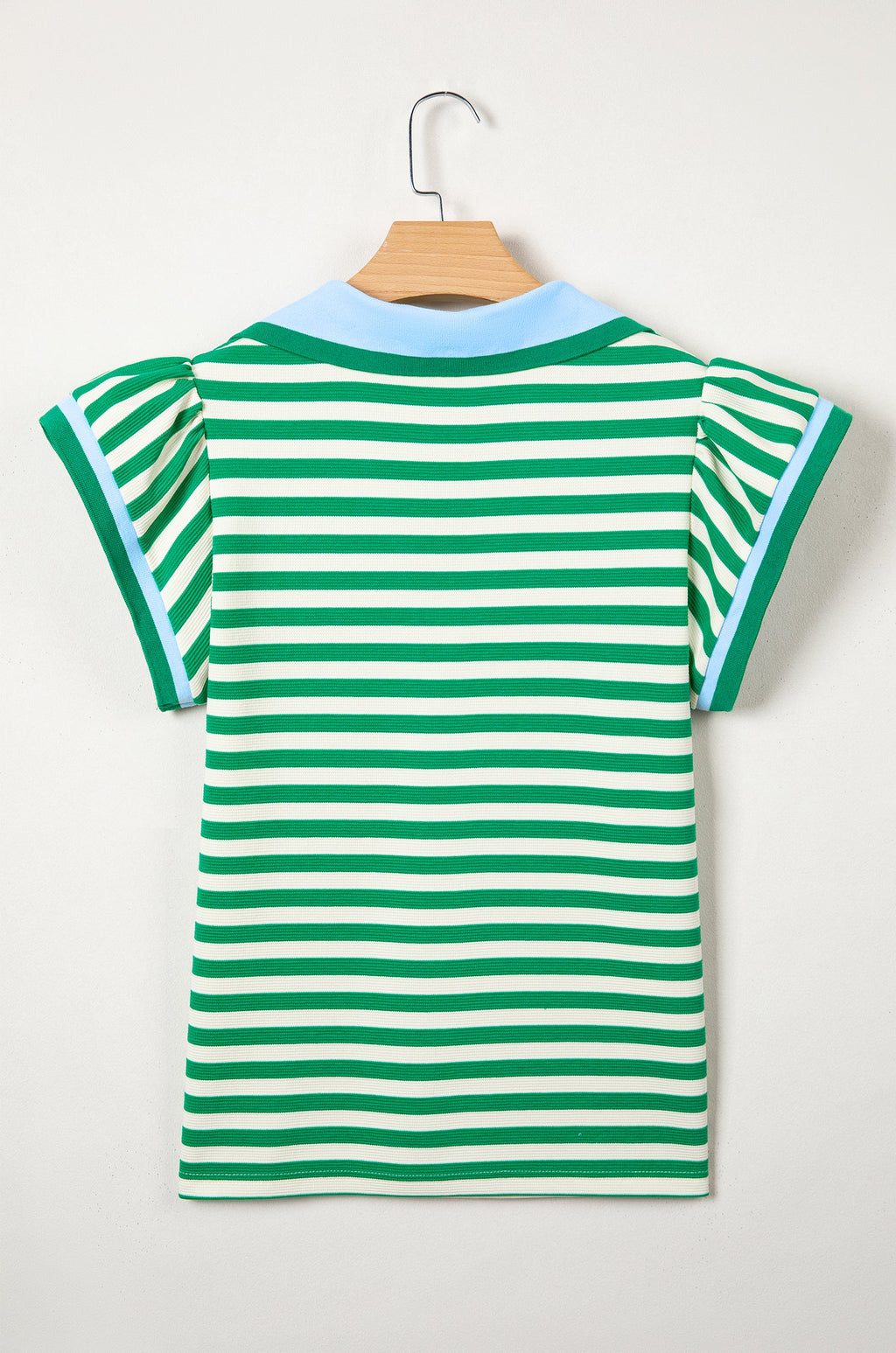 Stripe Contrast Trim Polo Collar Ruffle Sleeve Blouse