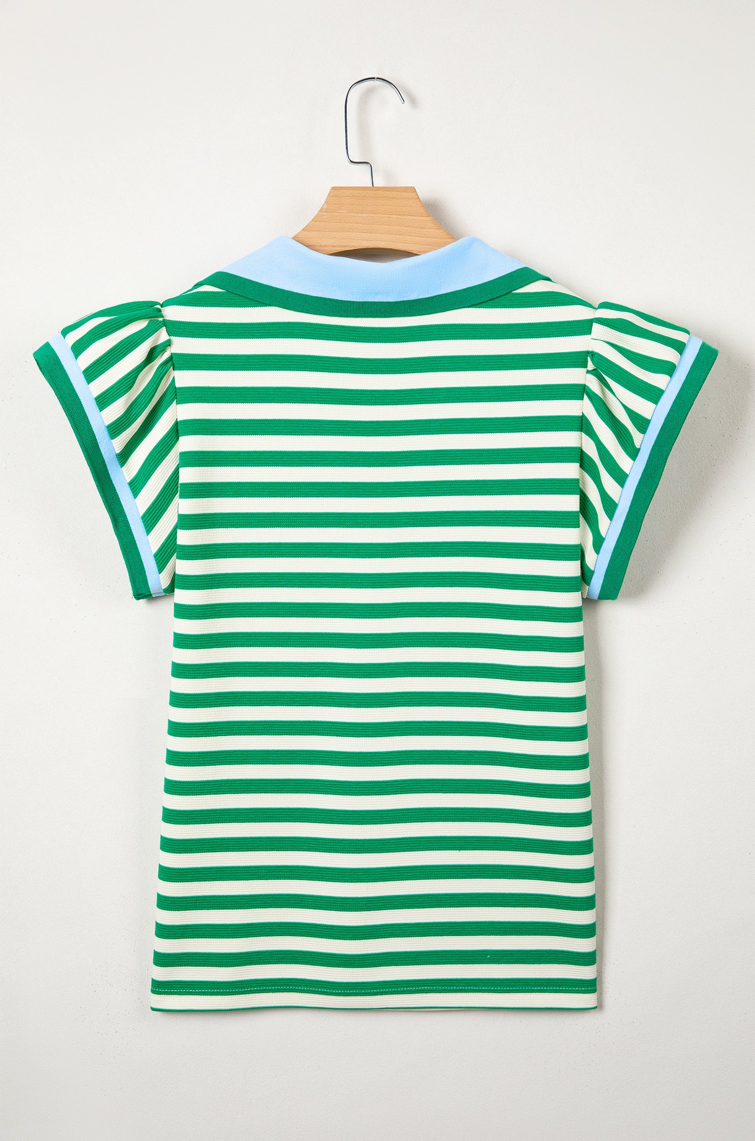 Stripe Contrast Trim Polo Collar Ruffle Sleeve Blouse