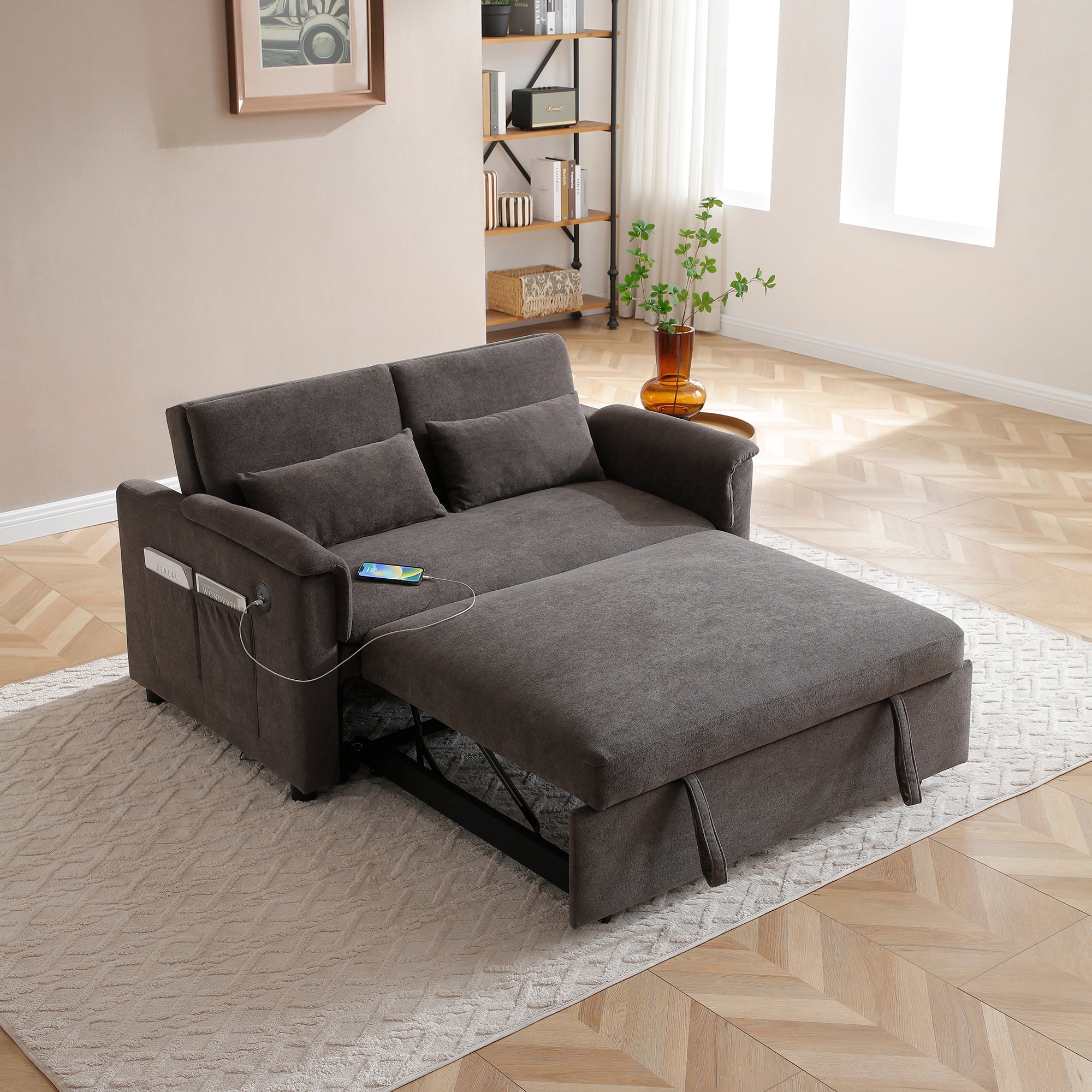55' Velvet Two Seater Pull Out Sofa Bed, Adjustable Backrest With  USB Ports, Two Side Pockets, 3 in 1 Convertible Sleeper Sofa Bed, Modern Love Seat Lounge,2 waist pillows for living rooms,GREY