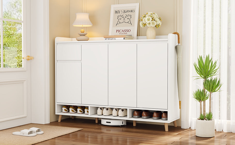 ON-TREND Sleek and Contemporary Shoe Cabinet with Adjustable Shelves, Minimalist Home Organizer with Solid Wood Legs, Storage Sideboard for Entryway, Living Room, White
