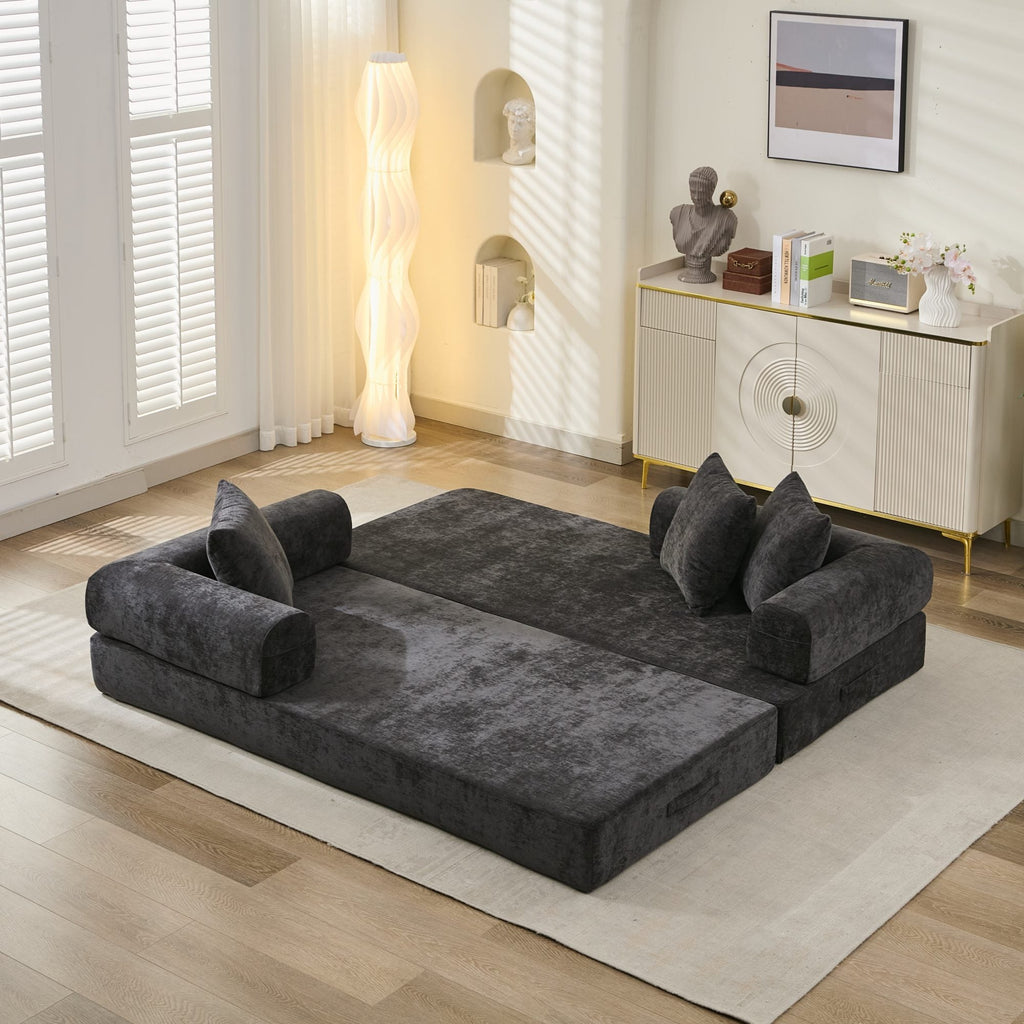 Comfy Convertible Folding Mattress Couch, Floor Sofa Bed, Chenille Floor Sofa with Armrest, Floor Sofa Lounge Couch for Living Room Bedroom Lounge Studio-Black