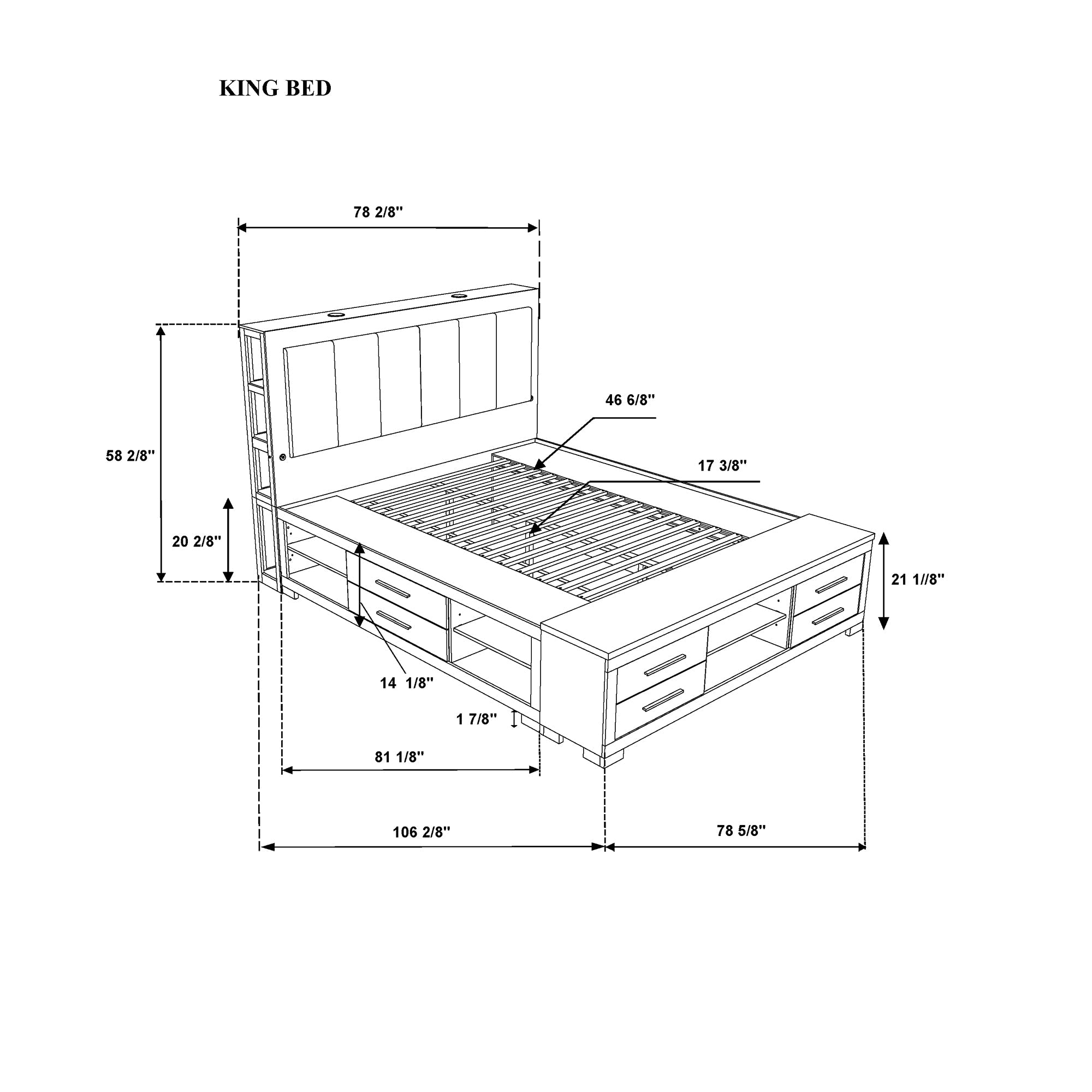 MESSA 5PC Natural-White King Bedroom Set with Bookcase Headboard and Storage in Rubber Wood