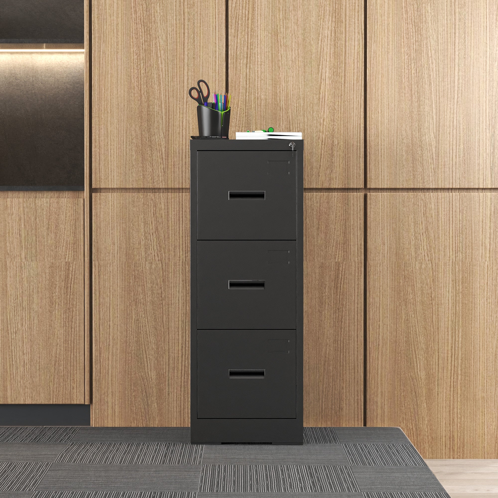 Metal Vertical File Cabinet with Lock and Card Slot for A4 Legal/Letter Size, Black, Durable Steel, 40.4H x 17.7W x 15.2L inches