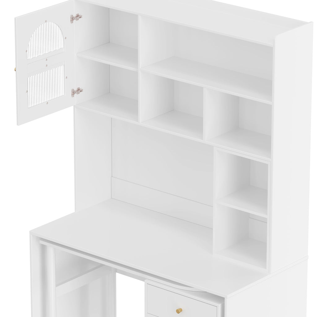 Computer Desk with 90 Degree Rotating Desktop, 43x70 Inch Office Desk with Storage Drawer and Cabinets, Gaming Desk with Shelves, Writing Desk for Study, Work Desk for Home Office Bedroom Living Room