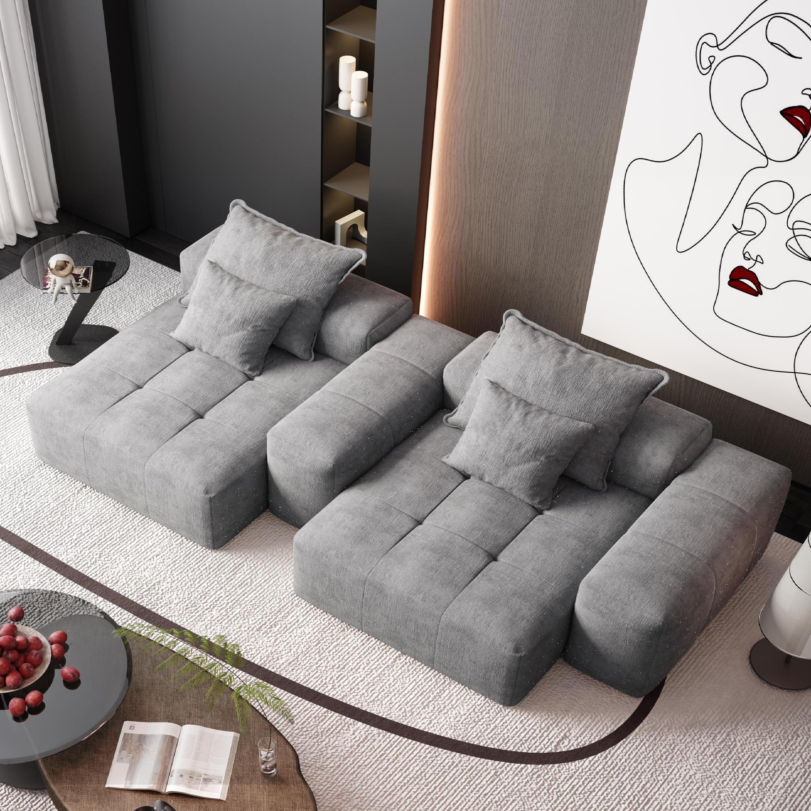 Modern Oversized Modular Sectional Sofa with 2 Chaise Lounge and 2 Armrest, Sparkling Chenille Fabric Soft Cushion Sofa with 4 Pillows, 4 PCS DIY Combination Tufted Sofa, No Assembly Required, GREY