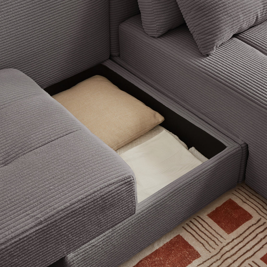 Convertible 3 in 1 Sleeper Sofa and Sectional Sofa with 4 Storage Space for Living Room,Corduroy Couch With 4 pillows,Corduroy