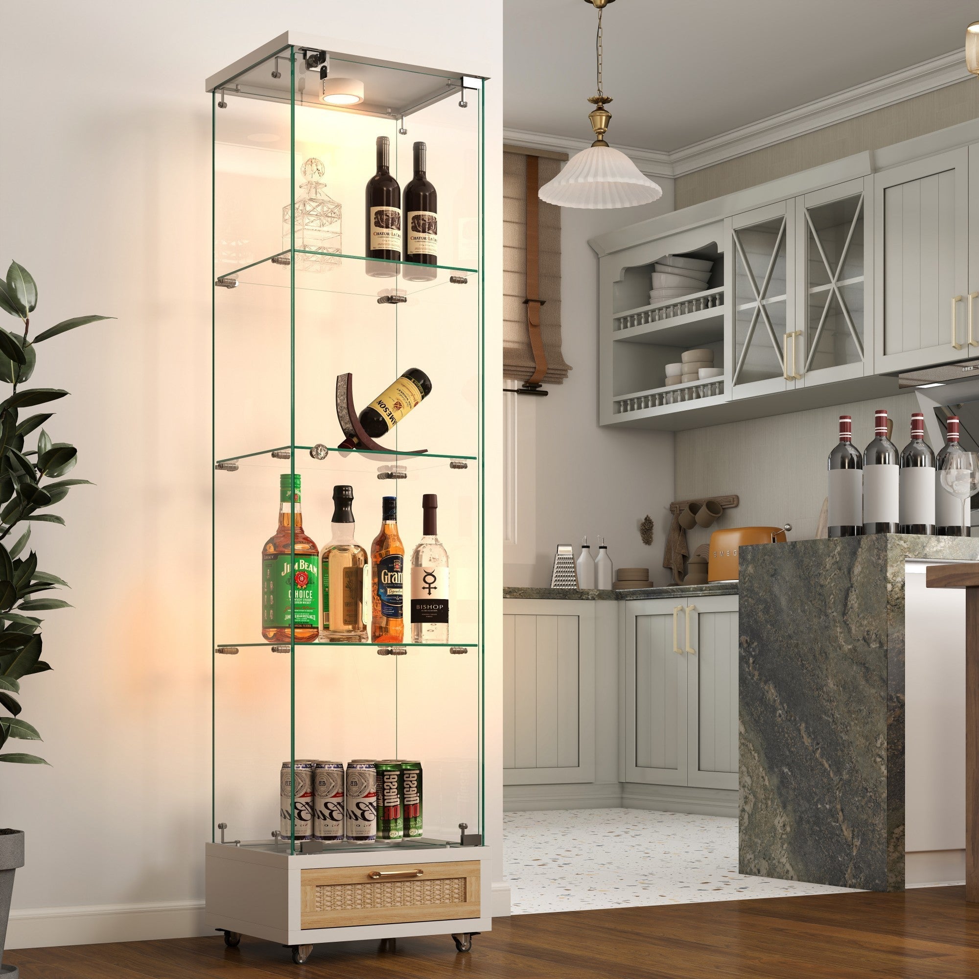 Modern Glass Display Cabinet with Drawer , Quick-assembly Antique Cabinet with LED lights, Tempered Glass Bookshelf,  1-Door Storage Case with 4 Shelves  for Living Room and Bedroom, white and natural