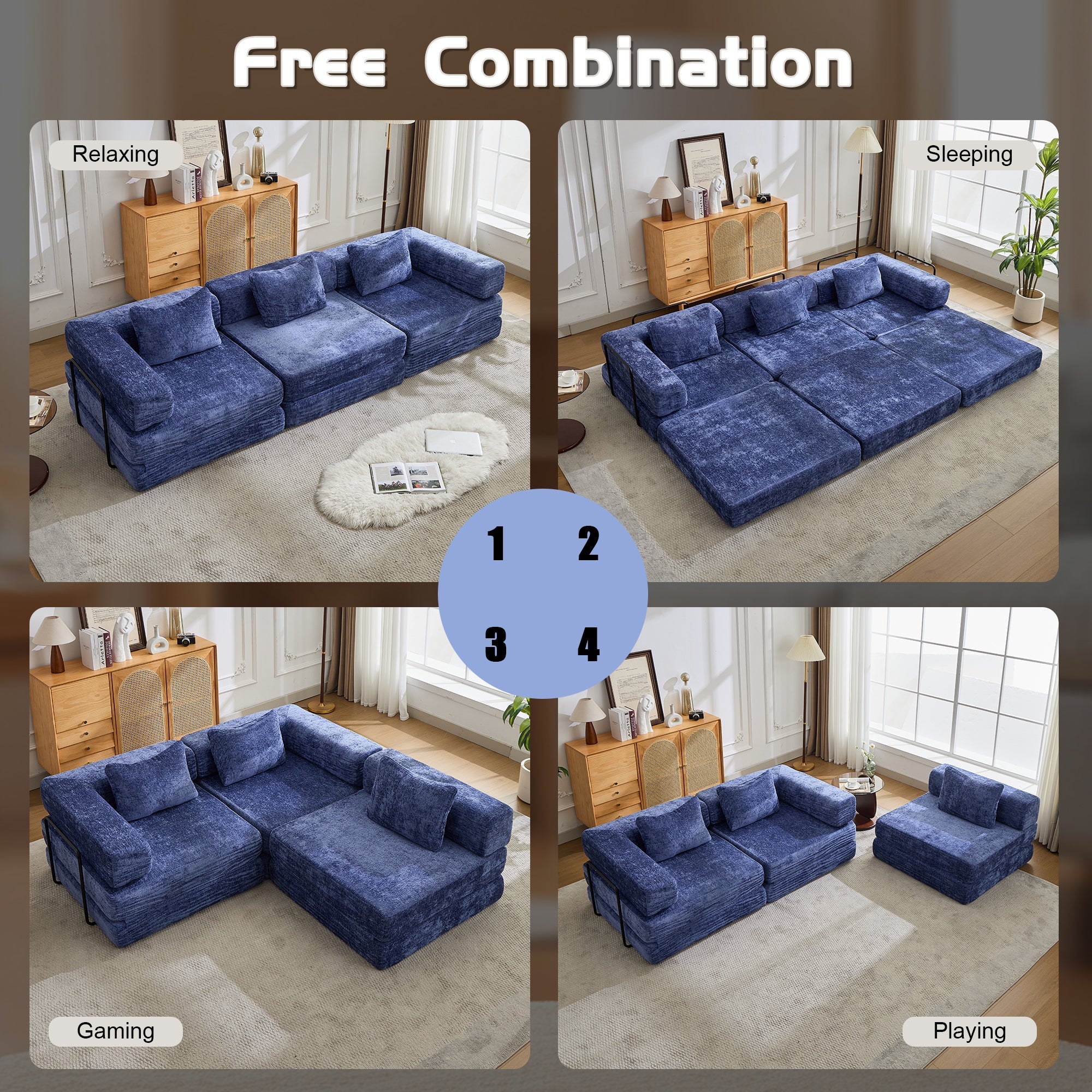 Compression Sofa,Convertible Floor Sofa Bed with Fixed-Shape Frame, Boneless Modular Sectional Sofa,No Assembly Required,Chenille fabric,for Living Room Bedroom,Dark Blue