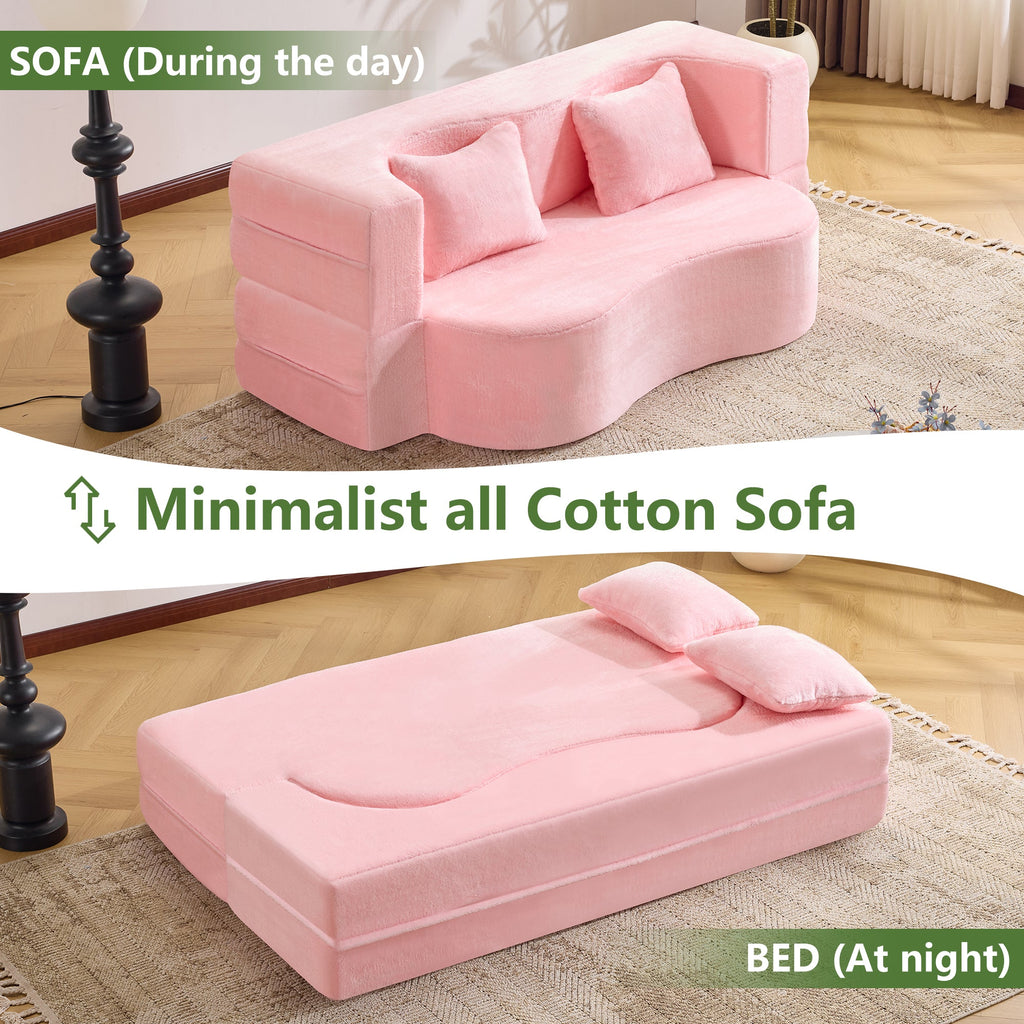 71-inch folding sofa bed, chenille futon sofa bed, high-density foam convertible sofa bed, folding floor sofa bed for living room, guest room, bedroom, pink