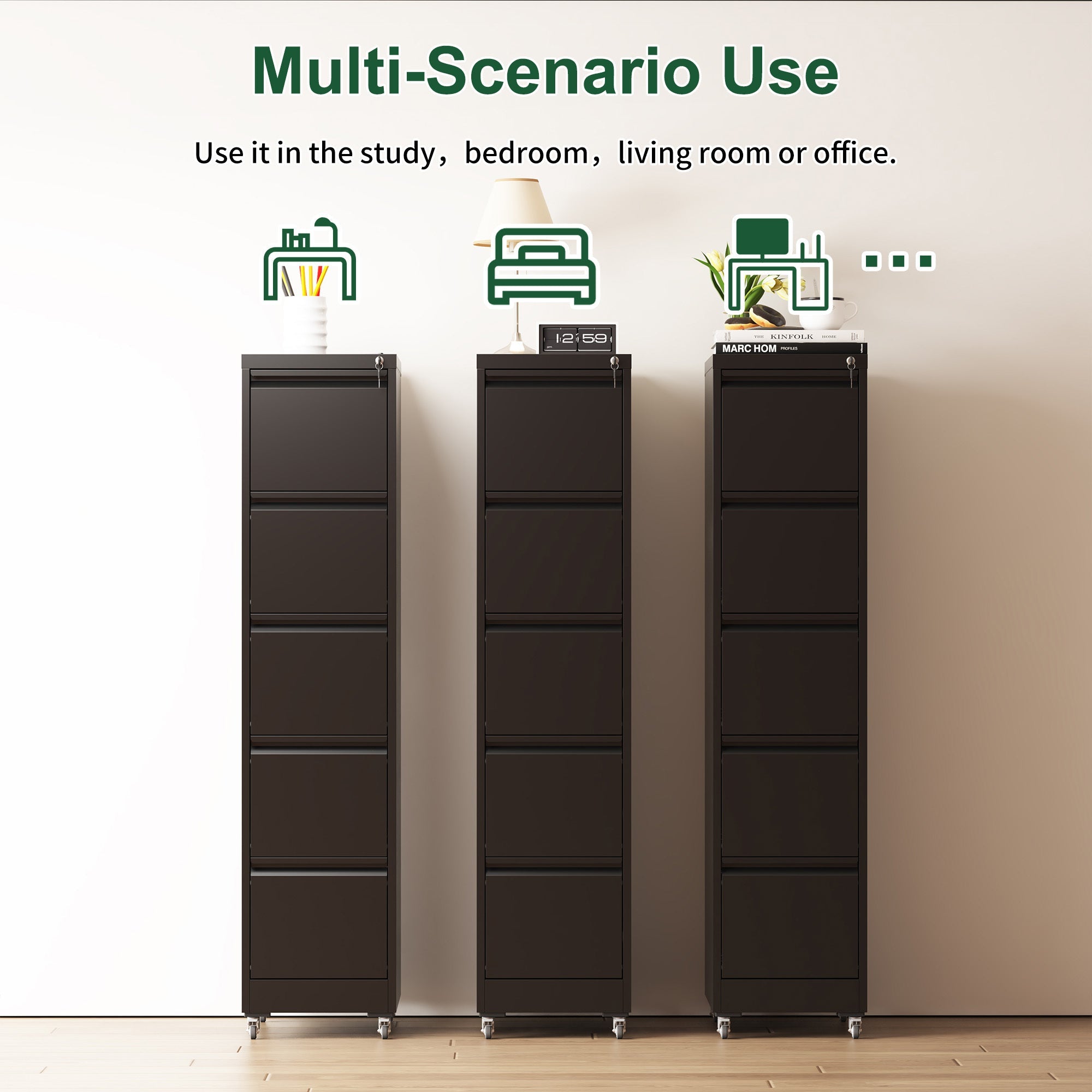 Heavy Duty Black Metal 5 Drawer Vertical File Cabinet with Lock and Wheels for Home Office
