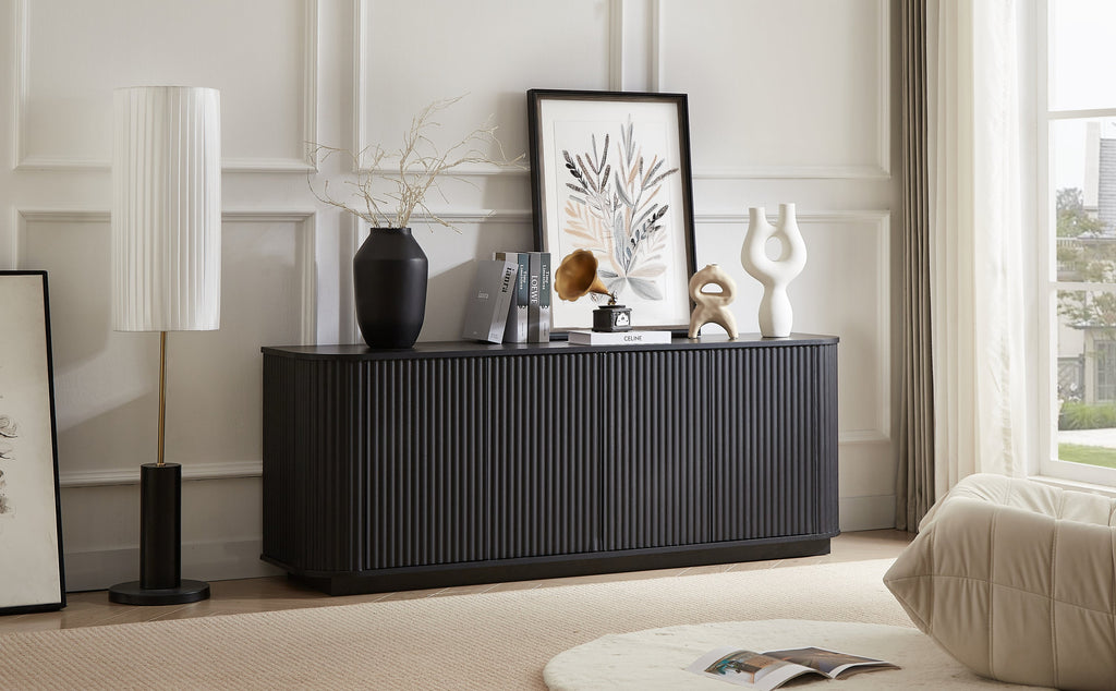 Sideboard Storage Cabinet TV Stand with wave pattern Buffet Cabinet Wooden Vertical Striped Cabinet for Kitchen/Bedroom/Entryway. Black, 64''W x 15''D x 24''H.