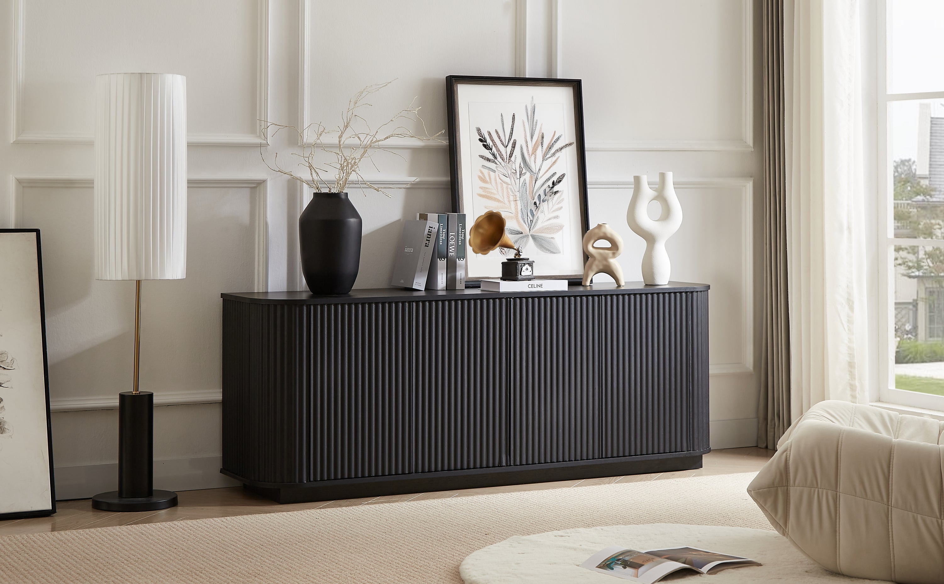 Sideboard Storage Cabinet TV Stand with wave pattern Buffet Cabinet Wooden Vertical Striped Cabinet for Kitchen/Bedroom/Entryway. Black, 64''W x 15''D x 24''H.