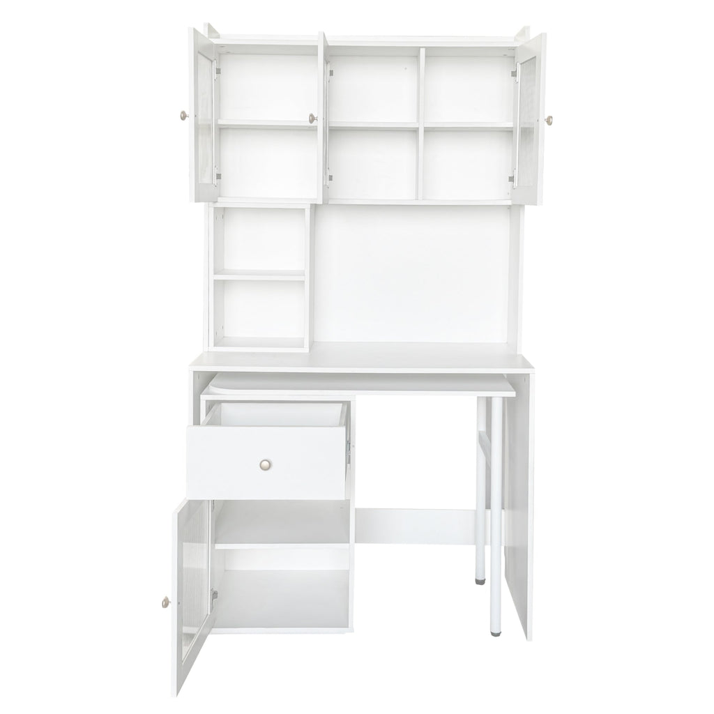Computer Desk with glass door for Home Office or Study desk,  Bookshelf & Hutch, Computer Desk with 90 Degree Rotating Desktop,Large Working Space