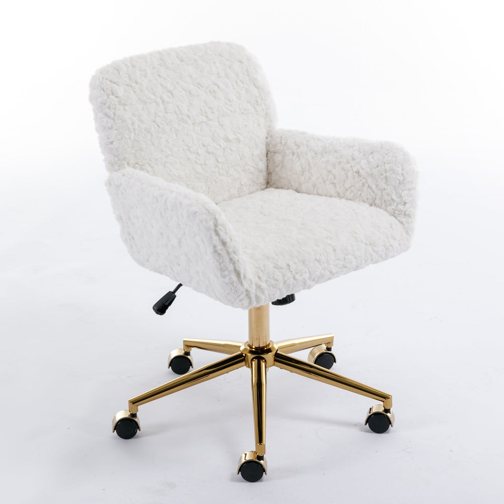 A&A Furniture Artificial Rabbit Hair Office Chair with Golden Metal Base, Adjustable Swivel Vanity Chair, Beige Velvet