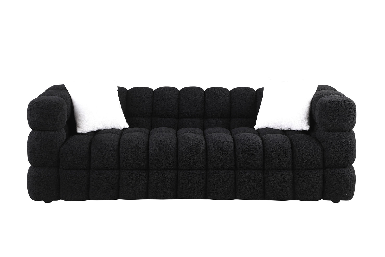 84.3 length ,35.83' deepth ,human body structure for USA people,  marshmallow sofa,boucle sofa ,black color,3 seater