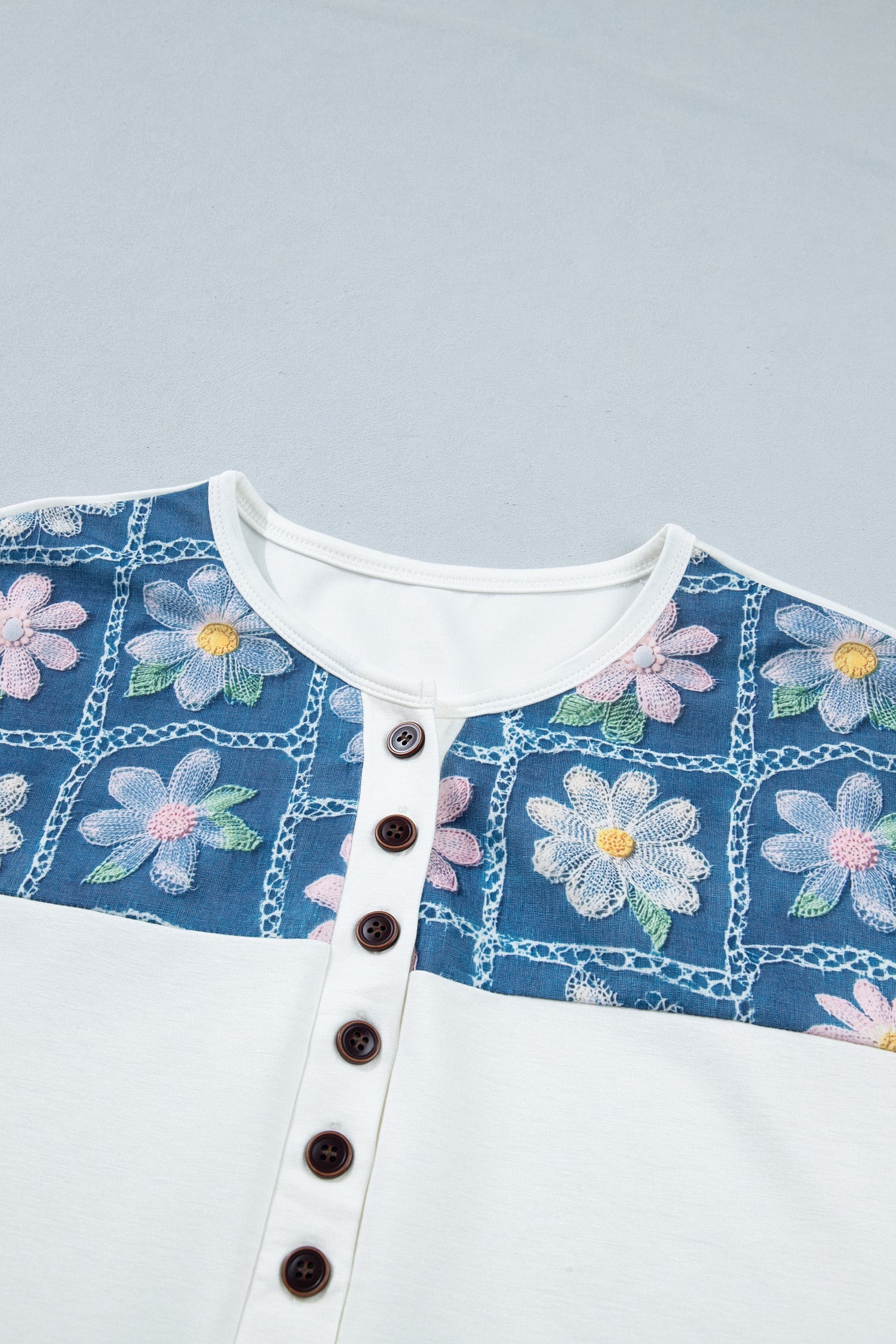 Floral Patchwork Short Sleeve Henley Blouse