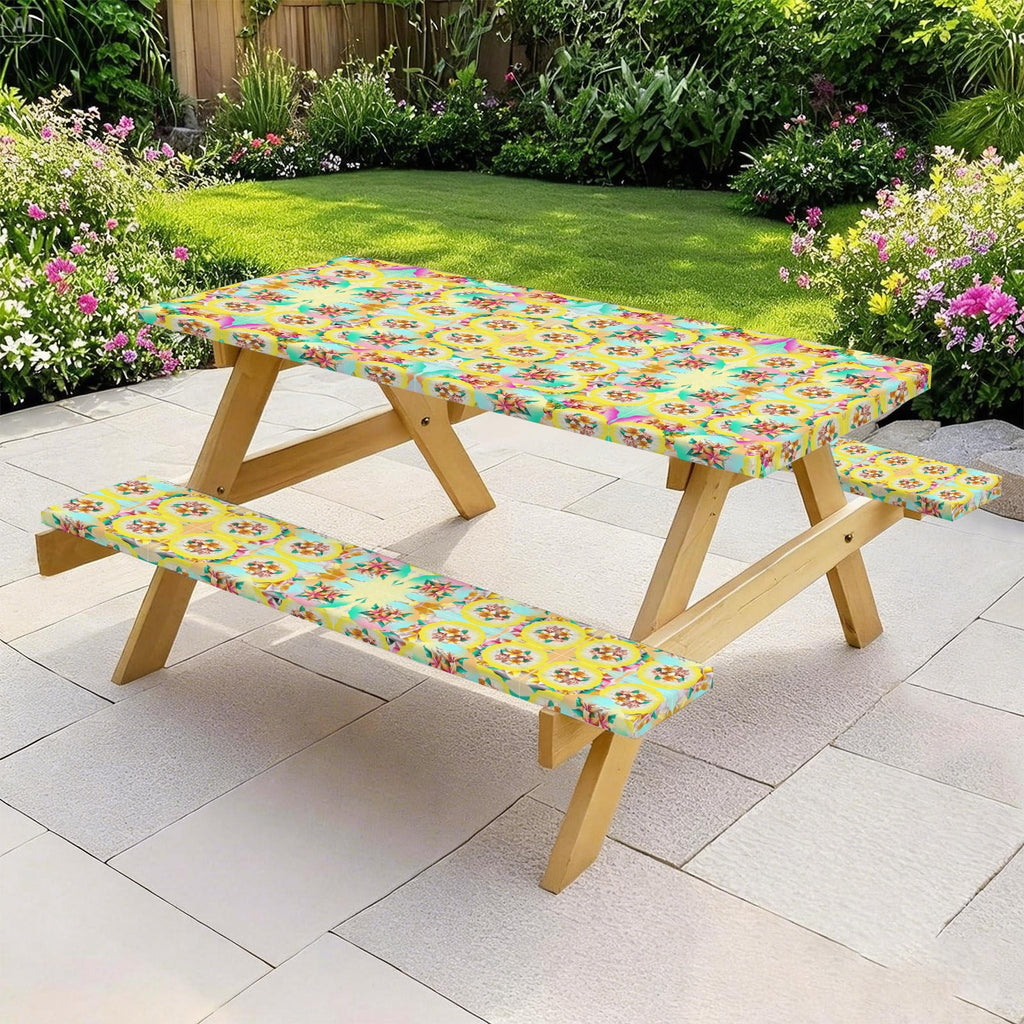 Circle Floral Pastel Pattern Picnic Table & Bench Covers Set 60"x30" | Ships from USA