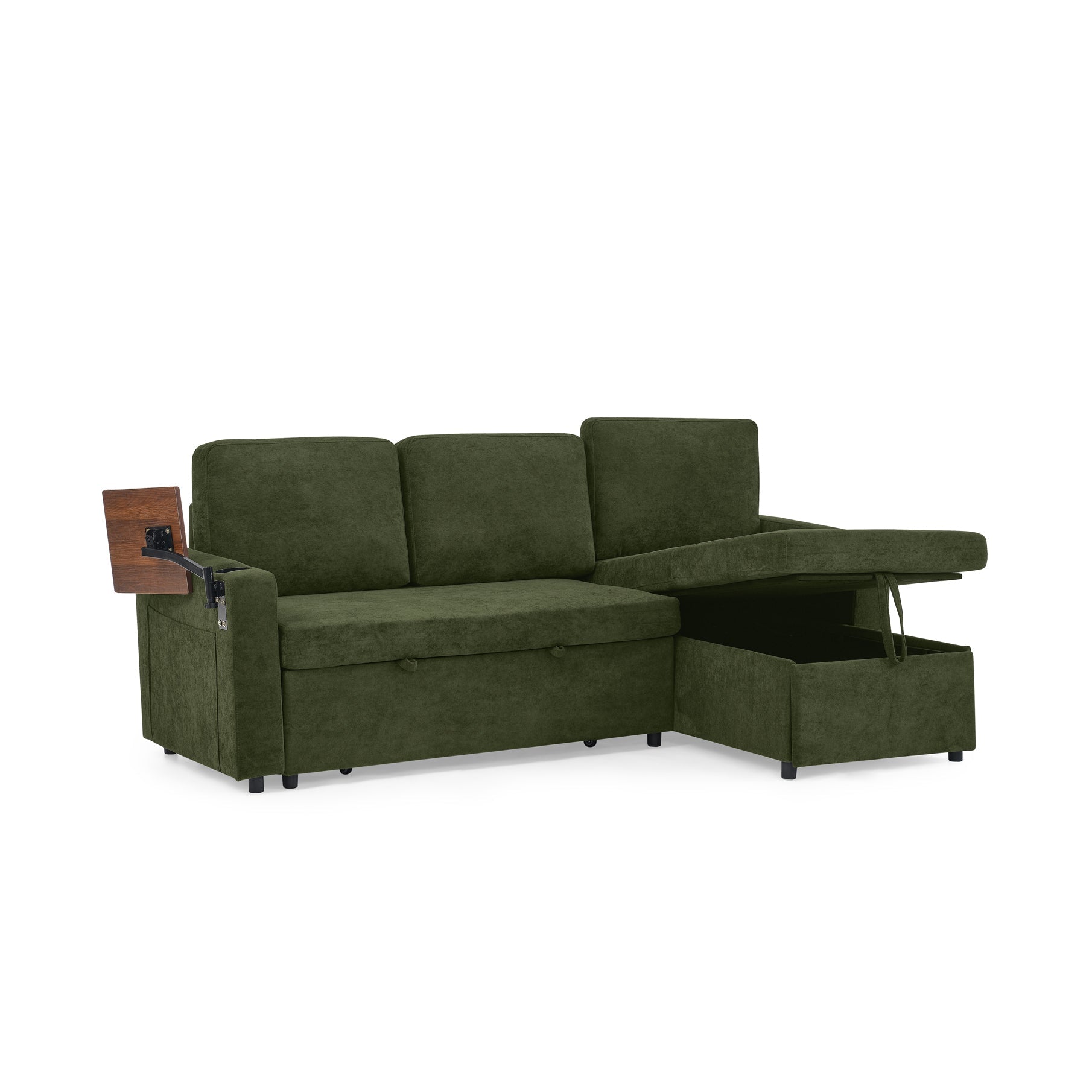 Modern Chenille Multi-functional Pull-Out Bed Sofa with Retractable Table and LED Lighting, USB Charging Ports and Cup Holders, Green