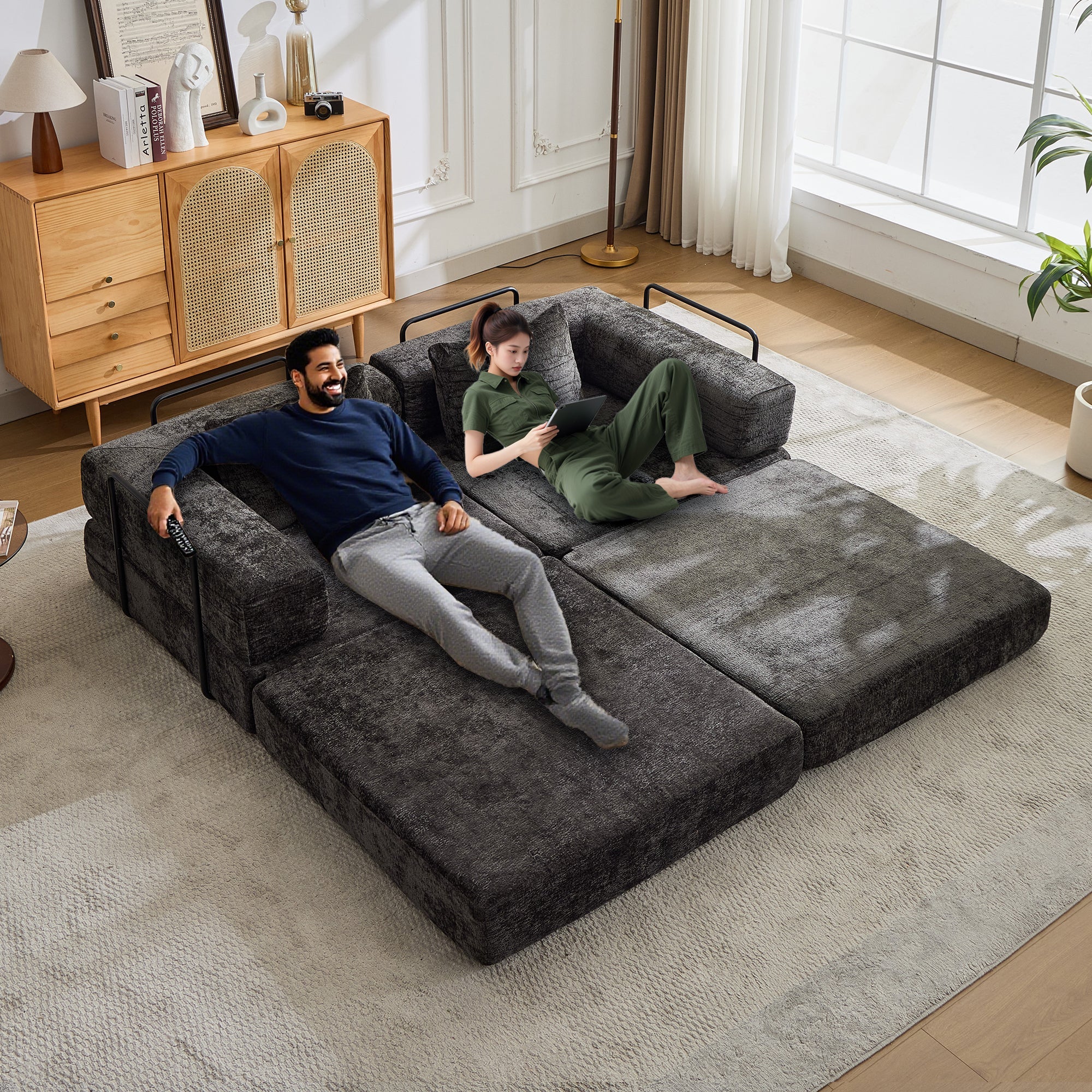 Compression Sofa,Convertible Floor Sofa Bed with Fixed-Shape Frame, Loveseats Boneless Modular Sectional Sofa,No Assembly Required,Chenille fabric,for Living Room Bedroom,Black
