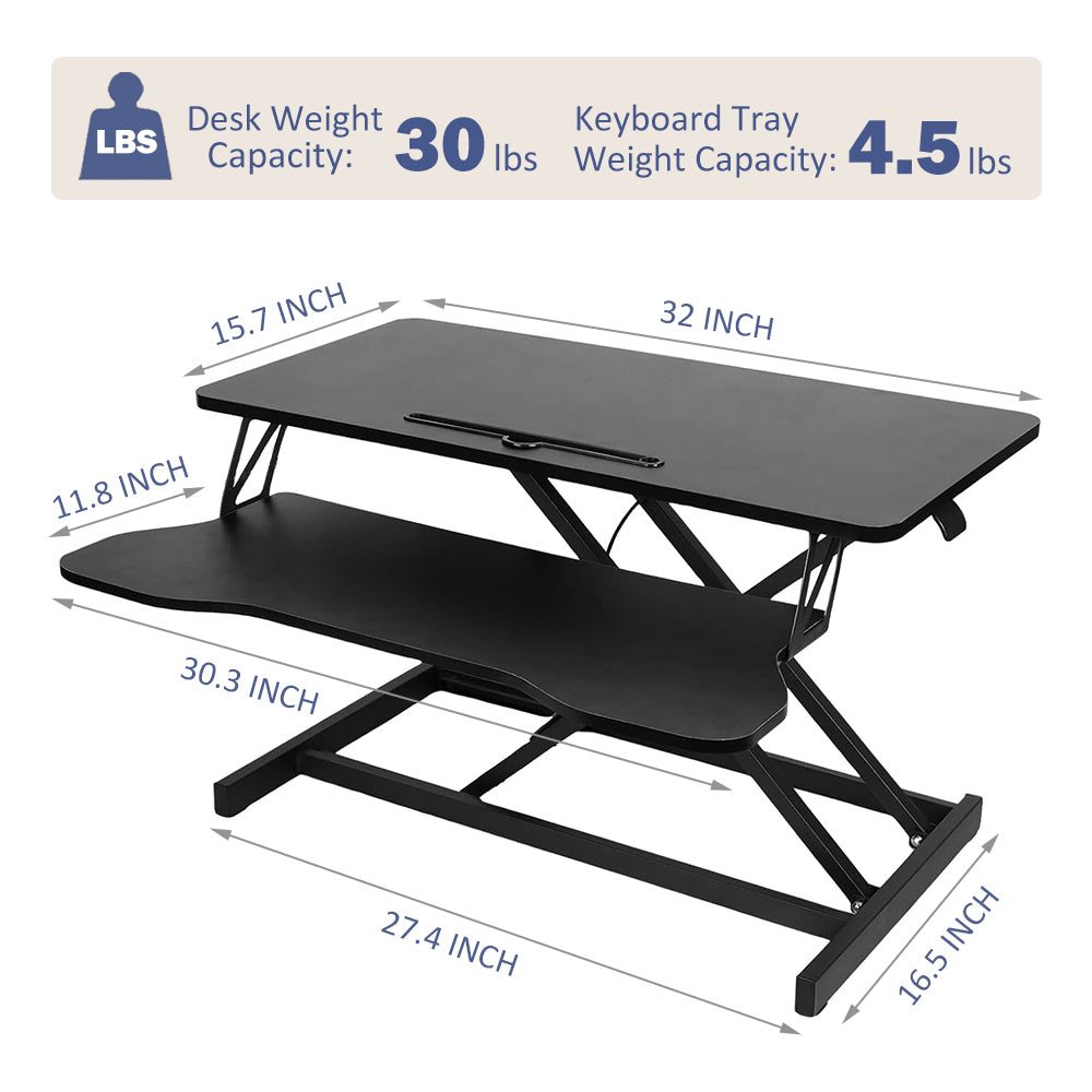 32 Inch Desk Converter, Height Adjustable Sit to Stand Riser, Dual Monitor and Laptop Workstation with Wide Keyboard Tray (BLACK) BACK-TO-SCHOOL