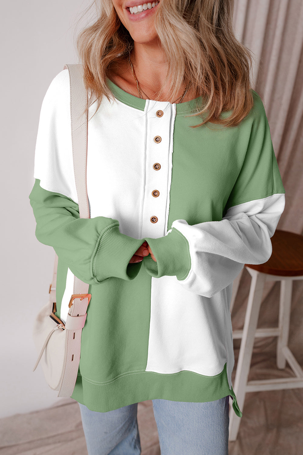 Colorblock Crewneck Henley Sweatshirt