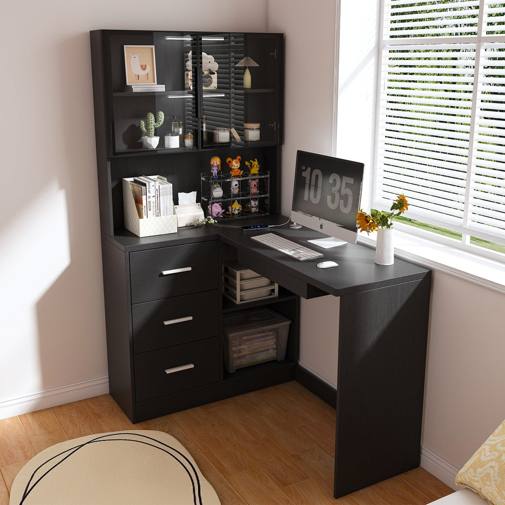 Black L-Shaped Computer Desk with Glass Cabinets, Built-In LED Lights, USB Charging Ports, and Keyboard Tray - Ergonomic Office Furniture for Home and Corporate Workspaces