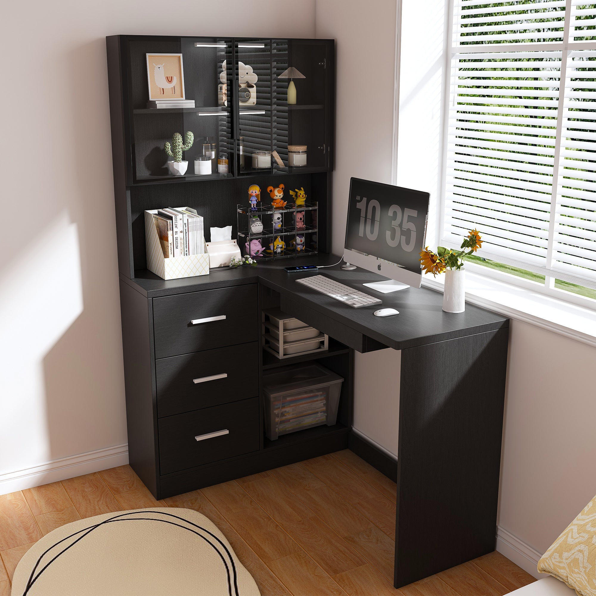 Black L-Shaped Computer Desk with Glass Cabinets, Built-In LED Lights, USB Charging Ports, and Keyboard Tray - Ergonomic Office Furniture for Home and Corporate Workspaces