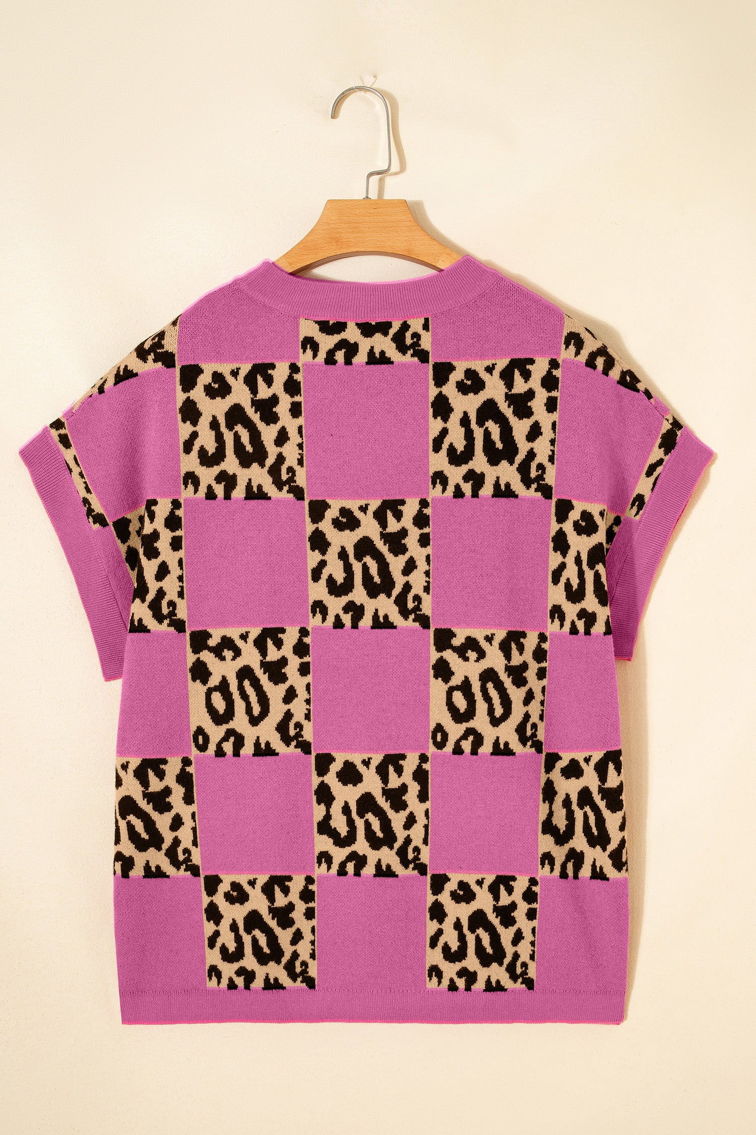 Leopard Checker Short Sleeve Knit Sweater