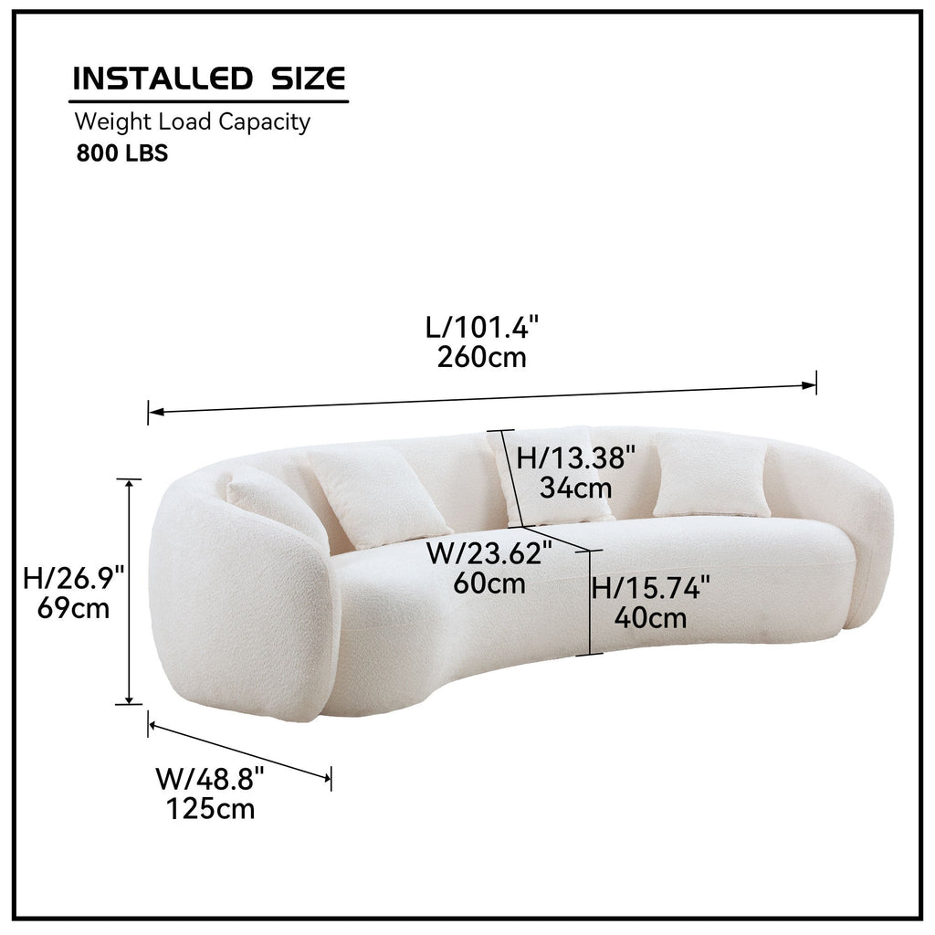 102'' 5-Seater Boucle Sofa Modern Sectional Half Moon Leisure Couch Curved Sofa Teddy Fleece Velet  WHITE